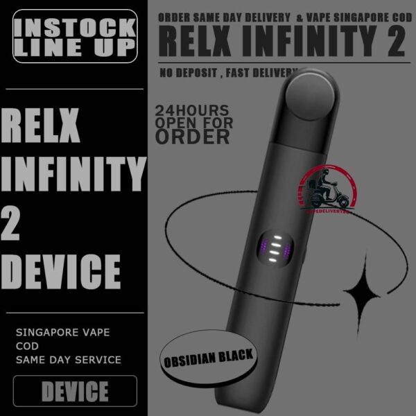 RELX INFINITY 2 DEVICE  - VAPE DELIVERY SG SINGAPORE The RELX Infinity 2 vape device Vape Ready stock in our sg singapore store online shop for same day delivery. Is the newest 2023 addition to the RELX family. As with the RELX Infinity and Essential, the Infinity 2 is a compact and lightweight pen-style device designed for both beginner and veteran vapers, but with some groundbreaking added features. Customize your vaping experience with 3 power modes! Vape your way with your choice of 3 vaping modes; Eco, Smooth a%nd Boost, easily selectable by the push of a button with the RELX Infinity 2 and identifiable by the LED light color. Eco Mode Eco Mode runs on a reduced power setting of 5.5w. This setting gives you a lighter vaping experience with less output and also preserves battery life by up to 25% vs smooth mode! Smooth Mode Smooth Mode delivers the most similar vaping experience to the RELX infinity and RELX Essential. At a slightly higher 6.5w power output this gives you the familiar vaping experience you know and love with traditional RELX Products. Boost Mode Boost Mode runs on an enhanced power setting of 8w delivering instant satisfaction, maximum flavour & 15% more vapor output than smooth mode. Enhanced Battery Technology The RELX Infinity 2 comes with improved ultra fast charging. You can now charge a RELX device in less than 15 minutes; 130% faster than prior RELX infinity devices. In addition to quicker charging, the RELX Infinity 2 comes with an additional 14% battery capacity compared to the RELX Infinity. At 440 mAh, you'll have no problem being out on the go for a solid day. Specifications : Atomizer using Cotton/Ceramic Charging Duration 27min Battery Capacity 440mAh Charger Type USB Type C Battery Indicator Power Adjustable Power Mode : Green - Eco Mode Blue - Smooth Mode Purple - Boost Mode ⚠️RELX INFINITY 2 DEVICE COMPATIBLE POD WITH⚠️ RELX INFINITY POD ISHO INFINITY POD ZEUZ INFINITY POD LANA INFINITY POD RELX POD REAL ⚠️RELX INFINITY 2 DEVICE COLOR LINE UP⚠️ Blue Bay (Blue) Cherry Blossom (Pink) Dark Asteroid (Grey) Green Navy (Green) Obsidian Black (Black) Royal Indigo (Purple) Bronze Dusk (Brown) SG VAPE COD SAME DAY DELIVERY , CASH ON DELIVERY ONLY. TAKE BULK ORDER /MORE ORDER PLS CONTACT ME : VAPEDELIVERYSG VIEW OUR DAILY NEWS INFORMATION VAPE : TELEGRAM CHANNEL