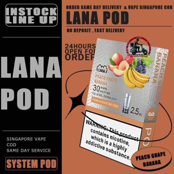 LANA POD - VAPE DELIVERY SG SINGAPORE Lana replacement pre-filled pod from Lanavape used for lana device, or some pod device which mouthpiece size as same as Lana pods.It's made of PCTG and ceramic coil and comes with leakproof design.  Besides, It filled with 2.5ml capacity nicotine salt with various fruity flavors, which meet your dairy needs. The transparent pod comes with random LED light color when you inhaling, bring you extra cooling vaping experience. One pod can smoke about 500 to 600 times. After smoking, you can directly discard and replace the next one. Specifications: Nicotine 3% Capacity 2.5ml per pod Package Included: 1 Pack of 3 pods ⚠️LANA POD COMPATIBLE DEVICE WITH⚠️ DARK RIDER 3S DEVICE DD CUBE DEVICE INSTAR DEVICE RELX CLASSIC DEVICE SP2 BLTIZ DEVICE SP2 LEGENG SERIES DEVICE SP2 M SERIES DEVICE WUUZ DEVICE ZEUZ DEVICE LANA DEVICE ⚠️ LANA POD FLAVOUR LINE UP⚠️ Apple Berry Blast Berry Grape Fruit Blueberry Coffee Coke Cranberry Grape Green Bean Guava Ice Tea Kiwi Lemon Lychee Iced Mango Mango Milkshake Mineral Oolong Tea Orange Passion Fruit Peach Peach Grape Banana Peppermint Pineapple Popsicle Red Wine Root Beer Skittles Strawberry Milkshake Strawberry Watermelon Taro Tie Guan Yin Watermelon Mango Passion Cantaloupe Jasmine Long Jing SG VAPE COD SAME DAY DELIVERY , CASH ON DELIVERY ONLY. TAKE BULK ORDER /MORE ORDER PLS CONTACT ME : VAPEDELIVERYSG VIEW OUR DAILY NEWS INFORMATION VAPE : TELEGRAM CHANNEL