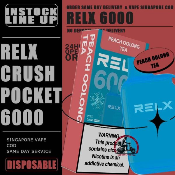 RELX CRUSH POCKET 6000 DISPOSABLE - VAPE DELIVERY SG SINGAPORE The RELX Crush Pocket 6000 Puffs Disposable vape Ready stock at Singapore sg shop on sale for same day delivery. This kit offers a refreshing summer experience with its subtle sweetness, strong cooling effect, and moderate richness RELX Pocket features a puff count of up to 6k puffs, an atomizer with a mech coil 2.0, powered by 10W. Equipped with a 470mAh battery, it reaches 80% charge in just 45 minutes. Specifition :  Puffs: 6000 Puff Nicotine Strength : 3% Charging Time : Roughly 30-45min Battery Capacity : Type-C Rechargeable ⚠️RELX CRUSH POCKET 6000 FLAVOUR LINE UP⚠️ Chrysanthemum Tea (3%) Icy Mineral Water (3%) LongJIng Tea (3%) Mint Freeze (3%) Peach Oolong Tea (3%) Root Beer (3%) Sea Salt Lemon (3%) Sour Plum Cola (3%) TieGuanYin Tea (3%) Watermelon Chill (3%) Creamy Tobacco (5%) Fresh Mint (5%) Mocha (5%) Tangy Grape (5%) Triple Mango (5%) SG VAPE COD SAME DAY DELIVERY , CASH ON DELIVERY ONLY. TAKE BULK ORDER /MORE ORDER PLS CONTACT ME : VAPEDELIVERYSG VIEW OUR DAILY NEWS INFORMATION VAPE : TELEGRAM CHANNEL