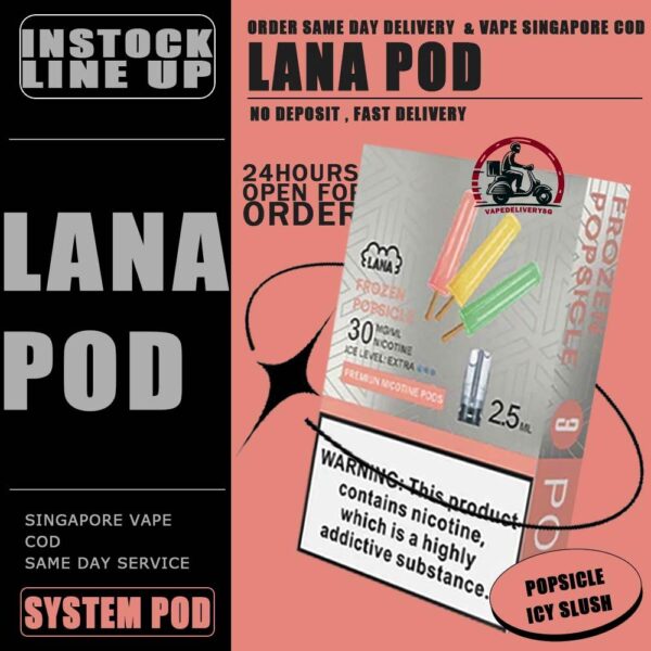 LANA POD - VAPE DELIVERY SG SINGAPORE Lana replacement pre-filled pod from Lanavape used for lana device, or some pod device which mouthpiece size as same as Lana pods.It's made of PCTG and ceramic coil and comes with leakproof design.  Besides, It filled with 2.5ml capacity nicotine salt with various fruity flavors, which meet your dairy needs. The transparent pod comes with random LED light color when you inhaling, bring you extra cooling vaping experience. One pod can smoke about 500 to 600 times. After smoking, you can directly discard and replace the next one. Specifications: Nicotine 3% Capacity 2.5ml per pod Package Included: 1 Pack of 3 pods ⚠️LANA POD COMPATIBLE DEVICE WITH⚠️ DARK RIDER 3S DEVICE DD CUBE DEVICE INSTAR DEVICE RELX CLASSIC DEVICE SP2 BLTIZ DEVICE SP2 LEGENG SERIES DEVICE SP2 M SERIES DEVICE WUUZ DEVICE ZEUZ DEVICE LANA DEVICE ⚠️ LANA POD FLAVOUR LINE UP⚠️ Apple Berry Blast Berry Grape Fruit Blueberry Coffee Coke Cranberry Grape Green Bean Guava Ice Tea Kiwi Lemon Lychee Iced Mango Mango Milkshake Mineral Oolong Tea Orange Passion Fruit Peach Peach Grape Banana Peppermint Pineapple Popsicle Red Wine Root Beer Skittles Strawberry Milkshake Strawberry Watermelon Taro Tie Guan Yin Watermelon Mango Passion Cantaloupe Jasmine Long Jing SG VAPE COD SAME DAY DELIVERY , CASH ON DELIVERY ONLY. TAKE BULK ORDER /MORE ORDER PLS CONTACT ME : VAPEDELIVERYSG VIEW OUR DAILY NEWS INFORMATION VAPE : TELEGRAM CHANNEL