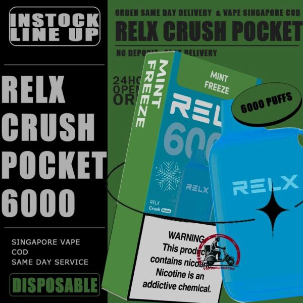 RELX CRUSH POCKET 6000 DISPOSABLE - VAPE DELIVERY SG SINGAPORE The RELX Crush Pocket 6000 Puffs Disposable vape Ready stock at Singapore sg shop on sale for same day delivery. This kit offers a refreshing summer experience with its subtle sweetness, strong cooling effect, and moderate richness RELX Pocket features a puff count of up to 6k puffs, an atomizer with a mech coil 2.0, powered by 10W. Equipped with a 470mAh battery, it reaches 80% charge in just 45 minutes. Specifition :  Puffs: 6000 Puff Nicotine Strength : 3% Charging Time : Roughly 30-45min Battery Capacity : Type-C Rechargeable ⚠️RELX CRUSH POCKET 6000 FLAVOUR LINE UP⚠️ Chrysanthemum Tea (3%) Icy Mineral Water (3%) LongJIng Tea (3%) Mint Freeze (3%) Peach Oolong Tea (3%) Root Beer (3%) Sea Salt Lemon (3%) Sour Plum Cola (3%) TieGuanYin Tea (3%) Watermelon Chill (3%) Creamy Tobacco (5%) Fresh Mint (5%) Mocha (5%) Tangy Grape (5%) Triple Mango (5%) SG VAPE COD SAME DAY DELIVERY , CASH ON DELIVERY ONLY. TAKE BULK ORDER /MORE ORDER PLS CONTACT ME : VAPEDELIVERYSG VIEW OUR DAILY NEWS INFORMATION VAPE : TELEGRAM CHANNEL