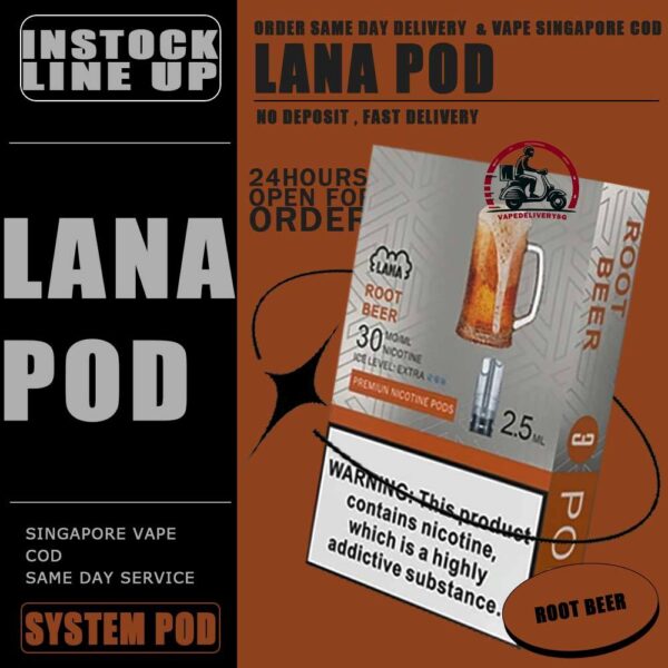 LANA POD - VAPE DELIVERY SG SINGAPORE Lana replacement pre-filled pod from Lanavape used for lana device, or some pod device which mouthpiece size as same as Lana pods.It's made of PCTG and ceramic coil and comes with leakproof design.  Besides, It filled with 2.5ml capacity nicotine salt with various fruity flavors, which meet your dairy needs. The transparent pod comes with random LED light color when you inhaling, bring you extra cooling vaping experience. One pod can smoke about 500 to 600 times. After smoking, you can directly discard and replace the next one. Specifications: Nicotine 3% Capacity 2.5ml per pod Package Included: 1 Pack of 3 pods ⚠️LANA POD COMPATIBLE DEVICE WITH⚠️ DARK RIDER 3S DEVICE DD CUBE DEVICE INSTAR DEVICE RELX CLASSIC DEVICE SP2 BLTIZ DEVICE SP2 LEGENG SERIES DEVICE SP2 M SERIES DEVICE WUUZ DEVICE ZEUZ DEVICE LANA DEVICE ⚠️ LANA POD FLAVOUR LINE UP⚠️ Apple Berry Blast Berry Grape Fruit Blueberry Coffee Coke Cranberry Grape Green Bean Guava Ice Tea Kiwi Lemon Lychee Iced Mango Mango Milkshake Mineral Oolong Tea Orange Passion Fruit Peach Peach Grape Banana Peppermint Pineapple Popsicle Red Wine Root Beer Skittles Strawberry Milkshake Strawberry Watermelon Taro Tie Guan Yin Watermelon Mango Passion Cantaloupe Jasmine Long Jing SG VAPE COD SAME DAY DELIVERY , CASH ON DELIVERY ONLY. TAKE BULK ORDER /MORE ORDER PLS CONTACT ME : VAPEDELIVERYSG VIEW OUR DAILY NEWS INFORMATION VAPE : TELEGRAM CHANNEL