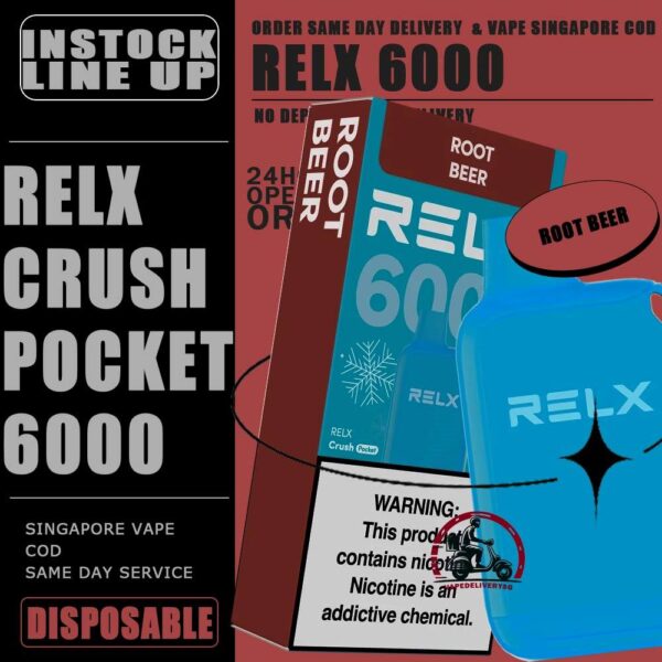 RELX CRUSH POCKET 6000 DISPOSABLE - VAPE DELIVERY SG SINGAPORE The RELX Crush Pocket 6000 Puffs Disposable vape Ready stock at Singapore sg shop on sale for same day delivery. This kit offers a refreshing summer experience with its subtle sweetness, strong cooling effect, and moderate richness RELX Pocket features a puff count of up to 6k puffs, an atomizer with a mech coil 2.0, powered by 10W. Equipped with a 470mAh battery, it reaches 80% charge in just 45 minutes. Specifition :  Puffs: 6000 Puff Nicotine Strength : 3% Charging Time : Roughly 30-45min Battery Capacity : Type-C Rechargeable ⚠️RELX CRUSH POCKET 6000 FLAVOUR LINE UP⚠️ Chrysanthemum Tea (3%) Icy Mineral Water (3%) LongJIng Tea (3%) Mint Freeze (3%) Peach Oolong Tea (3%) Root Beer (3%) Sea Salt Lemon (3%) Sour Plum Cola (3%) TieGuanYin Tea (3%) Watermelon Chill (3%) Creamy Tobacco (5%) Fresh Mint (5%) Mocha (5%) Tangy Grape (5%) Triple Mango (5%) SG VAPE COD SAME DAY DELIVERY , CASH ON DELIVERY ONLY. TAKE BULK ORDER /MORE ORDER PLS CONTACT ME : VAPEDELIVERYSG VIEW OUR DAILY NEWS INFORMATION VAPE : TELEGRAM CHANNEL