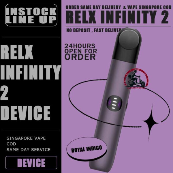 RELX INFINITY 2 DEVICE  - VAPE DELIVERY SG SINGAPORE The RELX Infinity 2 vape device Vape Ready stock in our sg singapore store online shop for same day delivery. Is the newest 2023 addition to the RELX family. As with the RELX Infinity and Essential, the Infinity 2 is a compact and lightweight pen-style device designed for both beginner and veteran vapers, but with some groundbreaking added features. Customize your vaping experience with 3 power modes! Vape your way with your choice of 3 vaping modes; Eco, Smooth a%nd Boost, easily selectable by the push of a button with the RELX Infinity 2 and identifiable by the LED light color. Eco Mode Eco Mode runs on a reduced power setting of 5.5w. This setting gives you a lighter vaping experience with less output and also preserves battery life by up to 25% vs smooth mode! Smooth Mode Smooth Mode delivers the most similar vaping experience to the RELX infinity and RELX Essential. At a slightly higher 6.5w power output this gives you the familiar vaping experience you know and love with traditional RELX Products. Boost Mode Boost Mode runs on an enhanced power setting of 8w delivering instant satisfaction, maximum flavour & 15% more vapor output than smooth mode. Enhanced Battery Technology The RELX Infinity 2 comes with improved ultra fast charging. You can now charge a RELX device in less than 15 minutes; 130% faster than prior RELX infinity devices. In addition to quicker charging, the RELX Infinity 2 comes with an additional 14% battery capacity compared to the RELX Infinity. At 440 mAh, you'll have no problem being out on the go for a solid day. Specifications : Atomizer using Cotton/Ceramic Charging Duration 27min Battery Capacity 440mAh Charger Type USB Type C Battery Indicator Power Adjustable Power Mode : Green - Eco Mode Blue - Smooth Mode Purple - Boost Mode ⚠️RELX INFINITY 2 DEVICE COMPATIBLE POD WITH⚠️ RELX INFINITY POD ISHO INFINITY POD ZEUZ INFINITY POD LANA INFINITY POD RELX POD REAL ⚠️RELX INFINITY 2 DEVICE COLOR LINE UP⚠️ Blue Bay (Blue) Cherry Blossom (Pink) Dark Asteroid (Grey) Green Navy (Green) Obsidian Black (Black) Royal Indigo (Purple) Bronze Dusk (Brown) SG VAPE COD SAME DAY DELIVERY , CASH ON DELIVERY ONLY. TAKE BULK ORDER /MORE ORDER PLS CONTACT ME : VAPEDELIVERYSG VIEW OUR DAILY NEWS INFORMATION VAPE : TELEGRAM CHANNEL