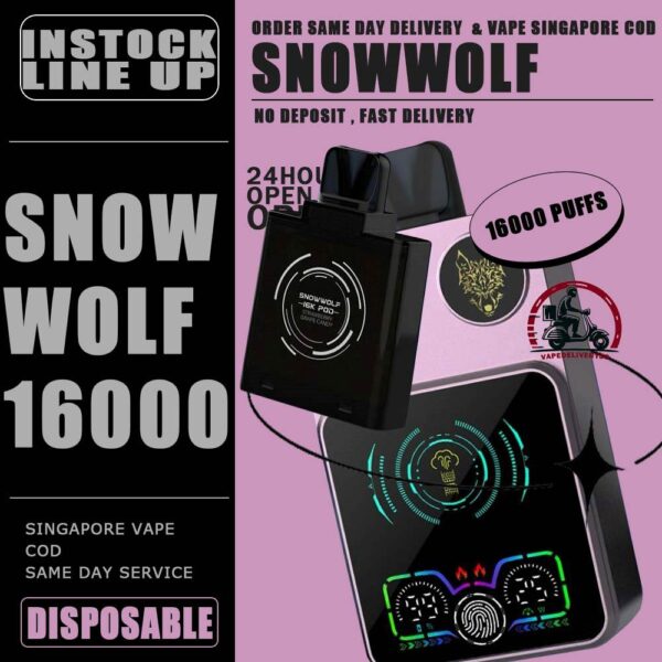 SNOWWOLF 16000 DISPOSABLE STARTER KIT & CARTRIDGE POD - VAPE DELIVERY SG SINGAPORE The SNOWWOLF 16000 ( 16K Puffs ) STARTER KIT & CARTRIDGE POD Disposable vape Ready stock in our sg singapore store online shop for same day delivery. Introducing the innovative Snowwolf Smart HD with an impressive 16,000 puffs capacity. It feature a vibrant HD screen displaying your vaping duration, voltage level, battery life, and liquid percentage. Customize your experience with adjustable voltage settings from 5W to a powerful 15W, all powered by a reliable 650mAh battery with fast charging, 80% charge in just 20 minutes. Discover a unique feature - automatic vaping time monitoring for easy tracking of your sessions. Elevate your vaping experience with the Snowwolf . Locking/Unlocking the Device: To lock or unlock the device, press the button for 3 seconds. Switching Voltage: To switch the voltage, press the button 1 times. Each press will change the voltage in 1W increments. The available voltage options from 5W to 15W. STARTER KIT Package Include : X1 SNOWWOLF Device Battery X1 Prefilled Pod 16k Puffs CARTRIDGE Package Include : X1 Prefilled Pod 16k Puffs Specifition : Nicotine Strength: 50mg ( 5% ) Battery Capacity : 800mAh Wattage : 15-25 watts adjustable Charging : 20 mins super charge Coils : Dual Mesh Coil E-liquid capacity : 12ml ⚠️SNOWWOLF 16000 FLAVOUR LINE UP⚠️ Blow Pop (Strawberry BBG) Blue Power Watermelon (Berry Watermelon BBG) Meta Moon (Strawberry Watermelon Honeydew) Watermelon Mint Bubblegum Kiwi Passion Fruit Aloe Cream Cake Taro Ice Cream Double Mango Lychee Grape Strawberry Watermelon Strawberry Grape Candy Skittles SG VAPE COD SAME DAY DELIVERY , CASH ON DELIVERY ONLY. TAKE BULK ORDER /MORE ORDER PLS CONTACT ME : VAPEDELIVERYSG VIEW OUR DAILY NEWS INFORMATION VAPE : TELEGRAM CHANNEL