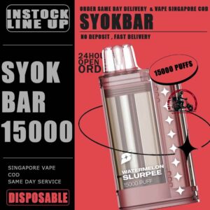 SYOK BAR 15000 ( 15K ) Puffs DISPOSABLE - VAPE DELIVERY SG SINGAPORE The SYOK Bar 15000 vape also as SYOKBAR 15k puffs , this vape kit for you can enjoy one full day , Vape Ready stock at Singapore sg shop on sale for same day delivery. Syokbar 15000 puffs ready stock in Singapore. Syokbar offer 10 fruity flavor options to user. The device has an indicator to show battery and ejuice level. With transparent cover fashion design, syok bar is loved by Singaporean. Try syokbar now at VAPE DELIVERY SG , this device will make you 'syok syok'! Shop now. So fresh so boost with the new visible tank technology : See through flavor easier be prepared. Better taste & longer lasting. 8 min charge 1 day use powerful battery. Specification: Puffs: 15000 Puffs Nicotine Strength: 5% Volume: 25ML Flavour Charging: Recharging with Type C Coil: Mesh Coil Fully Charged Time: 25mins ⚠️SYOK BAR 15K FLAVOUR LINE UP⚠️ Pink Guava Double Grape Double Mango Lemon Sprite Sour Bubblegum Strawberry Honeydew Mango Peach Watermelon Strawberry Grapple Watermelon Slurpee Mixed Fruit Slurpee Sea Salt Lemon Lybena Lychee Double Strawberry Sunkiss Orange Apple Orange Strawberry SG VAPE COD SAME DAY DELIVERY , CASH ON DELIVERY ONLY. TAKE BULK ORDER /MORE ORDER PLS CONTACT ME : VAPEDELIVERYSG VIEW OUR DAILY NEWS INFORMATION VAPE : TELEGRAM CHANNEL