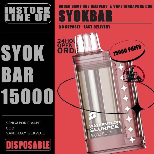 SYOK BAR 15000 ( 15K ) Puffs DISPOSABLE - VAPE DELIVERY SG SINGAPORE The SYOK Bar 15000 vape also as SYOKBAR 15k puffs , this vape kit for you can enjoy one full day , Vape Ready stock at Singapore sg shop on sale for same day delivery. Syokbar 15000 puffs ready stock in Singapore. Syokbar offer 10 fruity flavor options to user. The device has an indicator to show battery and ejuice level. With transparent cover fashion design, syok bar is loved by Singaporean. Try syokbar now at VAPE DELIVERY SG , this device will make you 'syok syok'! Shop now. So fresh so boost with the new visible tank technology : See through flavor easier be prepared. Better taste & longer lasting. 8 min charge 1 day use powerful battery. Specification: Puffs: 15000 Puffs Nicotine Strength: 5% Volume: 25ML Flavour Charging: Recharging with Type C Coil: Mesh Coil Fully Charged Time: 25mins ⚠️SYOK BAR 15K FLAVOUR LINE UP⚠️ Pink Guava Double Grape Double Mango Lemon Sprite Sour Bubblegum Strawberry Honeydew Mango Peach Watermelon Strawberry Grapple Watermelon Slurpee Mixed Fruit Slurpee Sea Salt Lemon Lybena Lychee Double Strawberry Sunkiss Orange Apple Orange Strawberry SG VAPE COD SAME DAY DELIVERY , CASH ON DELIVERY ONLY. TAKE BULK ORDER /MORE ORDER PLS CONTACT ME : VAPEDELIVERYSG VIEW OUR DAILY NEWS INFORMATION VAPE : TELEGRAM CHANNEL