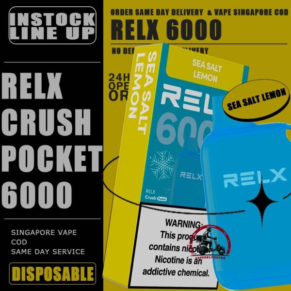 RELX CRUSH POCKET 6000 DISPOSABLE - VAPE DELIVERY SG SINGAPORE The RELX Crush Pocket 6000 Puffs Disposable vape Ready stock at Singapore sg shop on sale for same day delivery. This kit offers a refreshing summer experience with its subtle sweetness, strong cooling effect, and moderate richness RELX Pocket features a puff count of up to 6k puffs, an atomizer with a mech coil 2.0, powered by 10W. Equipped with a 470mAh battery, it reaches 80% charge in just 45 minutes. Specifition :  Puffs: 6000 Puff Nicotine Strength : 3% Charging Time : Roughly 30-45min Battery Capacity : Type-C Rechargeable ⚠️RELX CRUSH POCKET 6000 FLAVOUR LINE UP⚠️ Chrysanthemum Tea (3%) Icy Mineral Water (3%) LongJIng Tea (3%) Mint Freeze (3%) Peach Oolong Tea (3%) Root Beer (3%) Sea Salt Lemon (3%) Sour Plum Cola (3%) TieGuanYin Tea (3%) Watermelon Chill (3%) Creamy Tobacco (5%) Fresh Mint (5%) Mocha (5%) Tangy Grape (5%) Triple Mango (5%) SG VAPE COD SAME DAY DELIVERY , CASH ON DELIVERY ONLY. TAKE BULK ORDER /MORE ORDER PLS CONTACT ME : VAPEDELIVERYSG VIEW OUR DAILY NEWS INFORMATION VAPE : TELEGRAM CHANNEL