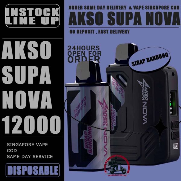 AKSO SUPA NOVA 12000 DISPOSABLE ( STARTER KIT & CARTRIDGE POD ) - VAPE DELIVERY SG SINGAPORE The AKSO SUPA NOVA 12000 puffs disposable vape is Starter Kit & Prefilled Pod design ,ready stock in our sg singapore store online shop for same day delivery. Introducing the AKSO Supa Nova 12k closed pod disposable vape, crafted for flexibility and ease of use. It features adjustable wattage ranging from 10W to 20W, allowing users to customize their vaping experience. Safety is paramount with a child lock and a rechargeable battery equipped with anti-overcharge and auto cut-off systems. Monitoring your vape is simple with liquid and battery indicators, ensuring you're always informed. Adjust the airflow to your liking and enjoy up to 12,000 puffs per cartridge. Plus, it's compatible with cartridges from the Akso Supa Pro series, offering compatibility and versatility for vapers. SAFETY : Designed with user safety and convenience in mind. It features a child lock mechanism where activation and deactivation require pressing any button for 3 seconds, preventing accidental operation. The rechargeable battery includes anti-overcharge protection and an auto cut-off system, ensuring prolonged battery lifespan and safe charging practices. CARTRIDGE SYSTEM POD : Offering an impressive 12k puff capacity per cartridge. It is compatible with cartridges from the Akso Supa Pro series, providing versatility and convenience. With over 40 flavors to choose from, users can explore a wide range of options to suit their preferences and tastes. Specifications : Puff: 12000 Puffs Nicotine Strength: 5% Adjustable wattage : 10W to 20W Liquid and battery indicator Charging Port: 650 mAh Rechargeable Type-C ⚠️AKSO SUPA NOVA 12000 STARTER KIT & CARTRIDGE FLAVOUR LINE UP⚠️ Strawberry Banana Custard Honeydew Chocolate Mint Butter Mint Candy Strawberry Mango Strawberry Yam Cheese Blackcurrant Oat Crunch Mango Sirap Bandung Vanilla Tobacco Passion Soursop Mango Mango Passion Grape Apple Custard Cranberry Grape Milk Caramel Watermelon Gummy Icy Watermelon Gum Icy Lemon Cola Icy Grape Apple Icy Watermelon Strawberry Icy Honey Melon Icy Energy Drink SG VAPE COD SAME DAY DELIVERY , CASH ON DELIVERY ONLY. TAKE BULK ORDER /MORE ORDER PLS CONTACT ME : VAPEDELIVERYSG VIEW OUR DAILY NEWS INFORMATION VAPE : TELEGRAM CHANNEL