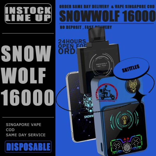 SNOWWOLF 16000 DISPOSABLE STARTER KIT & CARTRIDGE POD - VAPE DELIVERY SG SINGAPORE The SNOWWOLF 16000 ( 16K Puffs ) STARTER KIT & CARTRIDGE POD Disposable vape Ready stock in our sg singapore store online shop for same day delivery. Introducing the innovative Snowwolf Smart HD with an impressive 16,000 puffs capacity. It feature a vibrant HD screen displaying your vaping duration, voltage level, battery life, and liquid percentage. Customize your experience with adjustable voltage settings from 5W to a powerful 15W, all powered by a reliable 650mAh battery with fast charging, 80% charge in just 20 minutes. Discover a unique feature - automatic vaping time monitoring for easy tracking of your sessions. Elevate your vaping experience with the Snowwolf . Locking/Unlocking the Device: To lock or unlock the device, press the button for 3 seconds. Switching Voltage: To switch the voltage, press the button 1 times. Each press will change the voltage in 1W increments. The available voltage options from 5W to 15W. STARTER KIT Package Include : X1 SNOWWOLF Device Battery X1 Prefilled Pod 16k Puffs CARTRIDGE Package Include : X1 Prefilled Pod 16k Puffs Specifition : Nicotine Strength: 50mg ( 5% ) Battery Capacity : 800mAh Wattage : 15-25 watts adjustable Charging : 20 mins super charge Coils : Dual Mesh Coil E-liquid capacity : 12ml ⚠️SNOWWOLF 16000 FLAVOUR LINE UP⚠️ Blow Pop (Strawberry BBG) Blue Power Watermelon (Berry Watermelon BBG) Meta Moon (Strawberry Watermelon Honeydew) Watermelon Mint Bubblegum Kiwi Passion Fruit Aloe Cream Cake Taro Ice Cream Double Mango Lychee Grape Strawberry Watermelon Strawberry Grape Candy Skittles SG VAPE COD SAME DAY DELIVERY , CASH ON DELIVERY ONLY. TAKE BULK ORDER /MORE ORDER PLS CONTACT ME : VAPEDELIVERYSG VIEW OUR DAILY NEWS INFORMATION VAPE : TELEGRAM CHANNEL