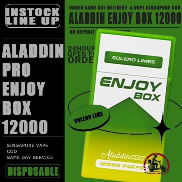 ALADDIN PRO ENJOY BOX 12000 DISPOSABLE - VAPE DELIVERY SG SINGAPORE The Aladdin Pro enjoy 12K puffs Ready stock in our sg singapore store online shop for same day delivery. Discover the latest Aladdin Pro Enjoy Box 12000 Puffs Disposable ! Design in a sleek cigarette-box-style design with a cap for mouthpiece protection! Enjoy 15 delightful flavors with 12K smooth puffs, each bursting with sweet perfection! The Aladdin Pro 12k New Vape in our Vape Singapore Ready Stock , get it now with us and same day delivery ! Enjoy delicious vaping experience . Specification : Puffs : 12,000 Coil : 1.0 Ohm Mesh coil Battery Capacity : 650mAh Rechargeable Nicotine Strength : 5% Charging Time : Roughly 10 min - 15 min ⚠️ALADDIN ENJOY BOX 12000 FLAVOUR LINE UP⚠️ Double Mango Candy Energy Drink Guava Hazelnut Coffee Honeydew Honeydew Yakult Mango Mango Bubblegum Mango Yakult Mango Peach Mixed Bubblegum Sirap Bandung Solero Lime Solero Yakult Solero Ice Cream Sour Bubblegum Strawberry Blackcurrant Strawberry Bubblegum Strawberry Grape Strawberry Mango White Coffee Yakult Strawberry Kiwi Gummy Bear Grape Lychee Grape Bubblegum Sakura Grape SG VAPE COD SAME DAY DELIVERY , CASH ON DELIVERY ONLY. TAKE BULK ORDER /MORE ORDER PLS CONTACT ME : VAPEDELIVERYSG VIEW OUR DAILY NEWS INFORMATION VAPE : TELEGRAM CHANNEL