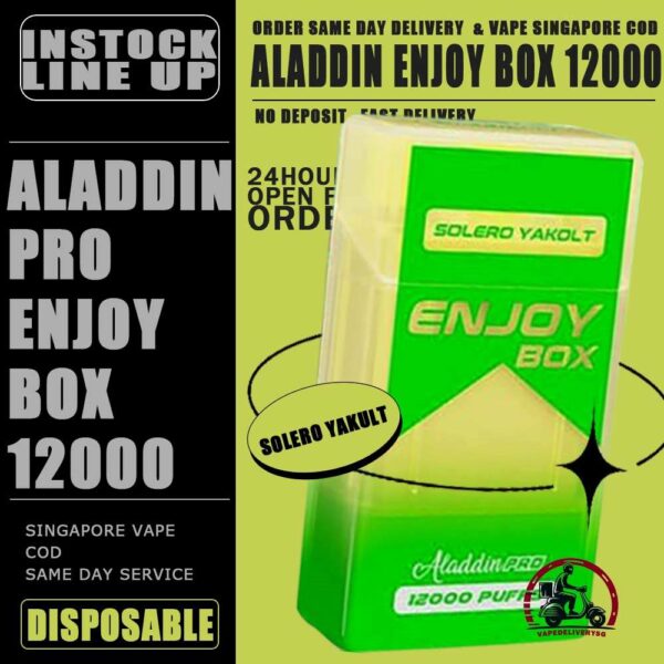 ALADDIN PRO ENJOY BOX 12000 DISPOSABLE - VAPE DELIVERY SG SINGAPORE The Aladdin Pro enjoy 12K puffs Ready stock in our sg singapore store online shop for same day delivery. Discover the latest Aladdin Pro Enjoy Box 12000 Puffs Disposable ! Design in a sleek cigarette-box-style design with a cap for mouthpiece protection! Enjoy 15 delightful flavors with 12K smooth puffs, each bursting with sweet perfection! The Aladdin Pro 12k New Vape in our Vape Singapore Ready Stock , get it now with us and same day delivery ! Enjoy delicious vaping experience . Specification : Puffs : 12,000 Coil : 1.0 Ohm Mesh coil Battery Capacity : 650mAh Rechargeable Nicotine Strength : 5% Charging Time : Roughly 10 min - 15 min ⚠️ALADDIN ENJOY BOX 12000 FLAVOUR LINE UP⚠️ Double Mango Candy Energy Drink Guava Hazelnut Coffee Honeydew Honeydew Yakult Mango Mango Bubblegum Mango Yakult Mango Peach Mixed Bubblegum Sirap Bandung Solero Lime Solero Yakult Solero Ice Cream Sour Bubblegum Strawberry Blackcurrant Strawberry Bubblegum Strawberry Grape Strawberry Mango White Coffee Yakult Strawberry Kiwi Gummy Bear Grape Lychee Grape Bubblegum Sakura Grape SG VAPE COD SAME DAY DELIVERY , CASH ON DELIVERY ONLY. TAKE BULK ORDER /MORE ORDER PLS CONTACT ME : VAPEDELIVERYSG VIEW OUR DAILY NEWS INFORMATION VAPE : TELEGRAM CHANNEL