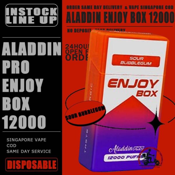 ALADDIN PRO ENJOY BOX 12000 DISPOSABLE - VAPE DELIVERY SG SINGAPORE The Aladdin Pro enjoy 12K puffs Ready stock in our sg singapore store online shop for same day delivery. Discover the latest Aladdin Pro Enjoy Box 12000 Puffs Disposable ! Design in a sleek cigarette-box-style design with a cap for mouthpiece protection! Enjoy 15 delightful flavors with 12K smooth puffs, each bursting with sweet perfection! The Aladdin Pro 12k New Vape in our Vape Singapore Ready Stock , get it now with us and same day delivery ! Enjoy delicious vaping experience . Specification : Puffs : 12,000 Coil : 1.0 Ohm Mesh coil Battery Capacity : 650mAh Rechargeable Nicotine Strength : 5% Charging Time : Roughly 10 min - 15 min ⚠️ALADDIN ENJOY BOX 12000 FLAVOUR LINE UP⚠️ Double Mango Candy Energy Drink Guava Hazelnut Coffee Honeydew Honeydew Yakult Mango Mango Bubblegum Mango Yakult Mango Peach Mixed Bubblegum Sirap Bandung Solero Lime Solero Yakult Solero Ice Cream Sour Bubblegum Strawberry Blackcurrant Strawberry Bubblegum Strawberry Grape Strawberry Mango White Coffee Yakult Strawberry Kiwi Gummy Bear Grape Lychee Grape Bubblegum Sakura Grape SG VAPE COD SAME DAY DELIVERY , CASH ON DELIVERY ONLY. TAKE BULK ORDER /MORE ORDER PLS CONTACT ME : VAPEDELIVERYSG VIEW OUR DAILY NEWS INFORMATION VAPE : TELEGRAM CHANNEL