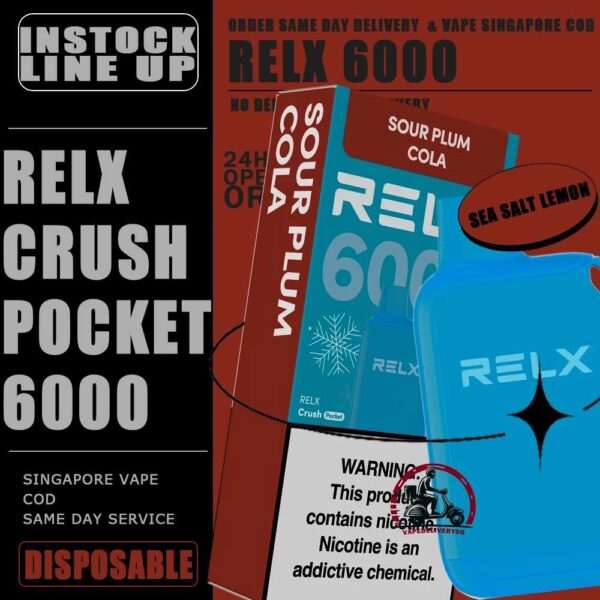 RELX CRUSH POCKET 6000 DISPOSABLE - VAPE DELIVERY SG SINGAPORE The RELX Crush Pocket 6000 Puffs Disposable vape Ready stock at Singapore sg shop on sale for same day delivery. This kit offers a refreshing summer experience with its subtle sweetness, strong cooling effect, and moderate richness RELX Pocket features a puff count of up to 6k puffs, an atomizer with a mech coil 2.0, powered by 10W. Equipped with a 470mAh battery, it reaches 80% charge in just 45 minutes. Specifition :  Puffs: 6000 Puff Nicotine Strength : 3% Charging Time : Roughly 30-45min Battery Capacity : Type-C Rechargeable ⚠️RELX CRUSH POCKET 6000 FLAVOUR LINE UP⚠️ Chrysanthemum Tea (3%) Icy Mineral Water (3%) LongJIng Tea (3%) Mint Freeze (3%) Peach Oolong Tea (3%) Root Beer (3%) Sea Salt Lemon (3%) Sour Plum Cola (3%) TieGuanYin Tea (3%) Watermelon Chill (3%) Creamy Tobacco (5%) Fresh Mint (5%) Mocha (5%) Tangy Grape (5%) Triple Mango (5%) SG VAPE COD SAME DAY DELIVERY , CASH ON DELIVERY ONLY. TAKE BULK ORDER /MORE ORDER PLS CONTACT ME : VAPEDELIVERYSG VIEW OUR DAILY NEWS INFORMATION VAPE : TELEGRAM CHANNEL