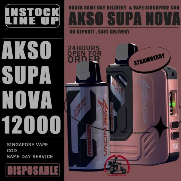 AKSO SUPA NOVA 12000 DISPOSABLE ( STARTER KIT & CARTRIDGE POD ) - VAPE DELIVERY SG SINGAPORE The AKSO SUPA NOVA 12000 puffs disposable vape is Starter Kit & Prefilled Pod design ,ready stock in our sg singapore store online shop for same day delivery. Introducing the AKSO Supa Nova 12k closed pod disposable vape, crafted for flexibility and ease of use. It features adjustable wattage ranging from 10W to 20W, allowing users to customize their vaping experience. Safety is paramount with a child lock and a rechargeable battery equipped with anti-overcharge and auto cut-off systems. Monitoring your vape is simple with liquid and battery indicators, ensuring you're always informed. Adjust the airflow to your liking and enjoy up to 12,000 puffs per cartridge. Plus, it's compatible with cartridges from the Akso Supa Pro series, offering compatibility and versatility for vapers. SAFETY : Designed with user safety and convenience in mind. It features a child lock mechanism where activation and deactivation require pressing any button for 3 seconds, preventing accidental operation. The rechargeable battery includes anti-overcharge protection and an auto cut-off system, ensuring prolonged battery lifespan and safe charging practices. CARTRIDGE SYSTEM POD : Offering an impressive 12k puff capacity per cartridge. It is compatible with cartridges from the Akso Supa Pro series, providing versatility and convenience. With over 40 flavors to choose from, users can explore a wide range of options to suit their preferences and tastes. Specifications : Puff: 12000 Puffs Nicotine Strength: 5% Adjustable wattage : 10W to 20W Liquid and battery indicator Charging Port: 650 mAh Rechargeable Type-C ⚠️AKSO SUPA NOVA 12000 STARTER KIT & CARTRIDGE FLAVOUR LINE UP⚠️ Strawberry Banana Custard Honeydew Chocolate Mint Butter Mint Candy Strawberry Mango Strawberry Yam Cheese Blackcurrant Oat Crunch Mango Sirap Bandung Vanilla Tobacco Passion Soursop Mango Mango Passion Grape Apple Custard Cranberry Grape Milk Caramel Watermelon Gummy Icy Watermelon Gum Icy Lemon Cola Icy Grape Apple Icy Watermelon Strawberry Icy Honey Melon Icy Energy Drink SG VAPE COD SAME DAY DELIVERY , CASH ON DELIVERY ONLY. TAKE BULK ORDER /MORE ORDER PLS CONTACT ME : VAPEDELIVERYSG VIEW OUR DAILY NEWS INFORMATION VAPE : TELEGRAM CHANNEL