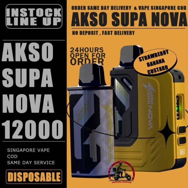 AKSO SUPA NOVA 12000 DISPOSABLE ( STARTER KIT & CARTRIDGE POD ) - VAPE DELIVERY SG SINGAPORE The AKSO SUPA NOVA 12000 puffs disposable vape is Starter Kit & Prefilled Pod design ,ready stock in our sg singapore store online shop for same day delivery. Introducing the AKSO Supa Nova 12k closed pod disposable vape, crafted for flexibility and ease of use. It features adjustable wattage ranging from 10W to 20W, allowing users to customize their vaping experience. Safety is paramount with a child lock and a rechargeable battery equipped with anti-overcharge and auto cut-off systems. Monitoring your vape is simple with liquid and battery indicators, ensuring you're always informed. Adjust the airflow to your liking and enjoy up to 12,000 puffs per cartridge. Plus, it's compatible with cartridges from the Akso Supa Pro series, offering compatibility and versatility for vapers. SAFETY : Designed with user safety and convenience in mind. It features a child lock mechanism where activation and deactivation require pressing any button for 3 seconds, preventing accidental operation. The rechargeable battery includes anti-overcharge protection and an auto cut-off system, ensuring prolonged battery lifespan and safe charging practices. CARTRIDGE SYSTEM POD : Offering an impressive 12k puff capacity per cartridge. It is compatible with cartridges from the Akso Supa Pro series, providing versatility and convenience. With over 40 flavors to choose from, users can explore a wide range of options to suit their preferences and tastes. Specifications : Puff: 12000 Puffs Nicotine Strength: 5% Adjustable wattage : 10W to 20W Liquid and battery indicator Charging Port: 650 mAh Rechargeable Type-C ⚠️AKSO SUPA NOVA 12000 STARTER KIT & CARTRIDGE FLAVOUR LINE UP⚠️ Strawberry Banana Custard Honeydew Chocolate Mint Butter Mint Candy Strawberry Mango Strawberry Yam Cheese Blackcurrant Oat Crunch Mango Sirap Bandung Vanilla Tobacco Passion Soursop Mango Mango Passion Grape Apple Custard Cranberry Grape Milk Caramel Watermelon Gummy Icy Watermelon Gum Icy Lemon Cola Icy Grape Apple Icy Watermelon Strawberry Icy Honey Melon Icy Energy Drink SG VAPE COD SAME DAY DELIVERY , CASH ON DELIVERY ONLY. TAKE BULK ORDER /MORE ORDER PLS CONTACT ME : VAPEDELIVERYSG VIEW OUR DAILY NEWS INFORMATION VAPE : TELEGRAM CHANNEL