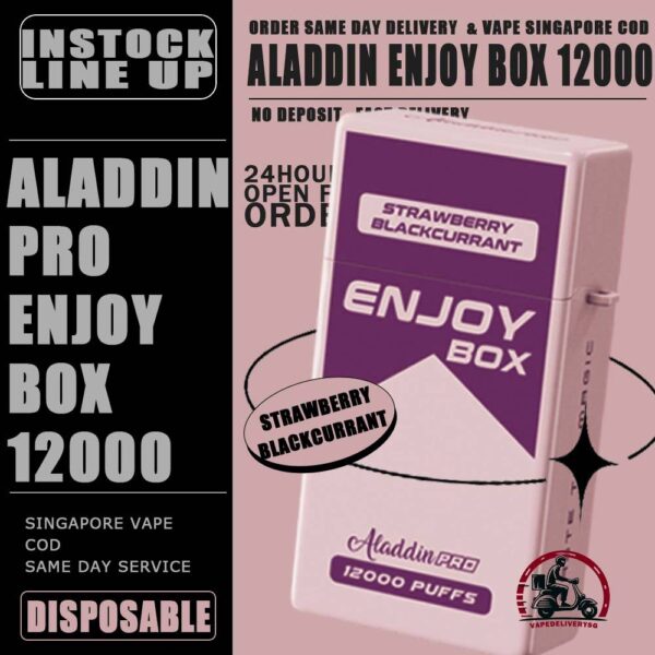 ALADDIN PRO ENJOY BOX 12000 DISPOSABLE - VAPE DELIVERY SG SINGAPORE The Aladdin Pro enjoy 12K puffs Ready stock in our sg singapore store online shop for same day delivery. Discover the latest Aladdin Pro Enjoy Box 12000 Puffs Disposable ! Design in a sleek cigarette-box-style design with a cap for mouthpiece protection! Enjoy 15 delightful flavors with 12K smooth puffs, each bursting with sweet perfection! The Aladdin Pro 12k New Vape in our Vape Singapore Ready Stock , get it now with us and same day delivery ! Enjoy delicious vaping experience . Specification : Puffs : 12,000 Coil : 1.0 Ohm Mesh coil Battery Capacity : 650mAh Rechargeable Nicotine Strength : 5% Charging Time : Roughly 10 min - 15 min ⚠️ALADDIN ENJOY BOX 12000 FLAVOUR LINE UP⚠️ Double Mango Candy Energy Drink Guava Hazelnut Coffee Honeydew Honeydew Yakult Mango Mango Bubblegum Mango Yakult Mango Peach Mixed Bubblegum Sirap Bandung Solero Lime Solero Yakult Solero Ice Cream Sour Bubblegum Strawberry Blackcurrant Strawberry Bubblegum Strawberry Grape Strawberry Mango White Coffee Yakult Strawberry Kiwi Gummy Bear Grape Lychee Grape Bubblegum Sakura Grape SG VAPE COD SAME DAY DELIVERY , CASH ON DELIVERY ONLY. TAKE BULK ORDER /MORE ORDER PLS CONTACT ME : VAPEDELIVERYSG VIEW OUR DAILY NEWS INFORMATION VAPE : TELEGRAM CHANNEL