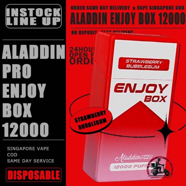 ALADDIN PRO ENJOY BOX 12000 DISPOSABLE - VAPE DELIVERY SG SINGAPORE The Aladdin Pro enjoy 12K puffs Ready stock in our sg singapore store online shop for same day delivery. Discover the latest Aladdin Pro Enjoy Box 12000 Puffs Disposable ! Design in a sleek cigarette-box-style design with a cap for mouthpiece protection! Enjoy 15 delightful flavors with 12K smooth puffs, each bursting with sweet perfection! The Aladdin Pro 12k New Vape in our Vape Singapore Ready Stock , get it now with us and same day delivery ! Enjoy delicious vaping experience . Specification : Puffs : 12,000 Coil : 1.0 Ohm Mesh coil Battery Capacity : 650mAh Rechargeable Nicotine Strength : 5% Charging Time : Roughly 10 min - 15 min ⚠️ALADDIN ENJOY BOX 12000 FLAVOUR LINE UP⚠️ Double Mango Candy Energy Drink Guava Hazelnut Coffee Honeydew Honeydew Yakult Mango Mango Bubblegum Mango Yakult Mango Peach Mixed Bubblegum Sirap Bandung Solero Lime Solero Yakult Solero Ice Cream Sour Bubblegum Strawberry Blackcurrant Strawberry Bubblegum Strawberry Grape Strawberry Mango White Coffee Yakult Strawberry Kiwi Gummy Bear Grape Lychee Grape Bubblegum Sakura Grape SG VAPE COD SAME DAY DELIVERY , CASH ON DELIVERY ONLY. TAKE BULK ORDER /MORE ORDER PLS CONTACT ME : VAPEDELIVERYSG VIEW OUR DAILY NEWS INFORMATION VAPE : TELEGRAM CHANNEL