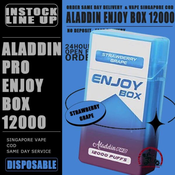 ALADDIN PRO ENJOY BOX 12000 DISPOSABLE - VAPE DELIVERY SG SINGAPORE The Aladdin Pro enjoy 12K puffs Ready stock in our sg singapore store online shop for same day delivery. Discover the latest Aladdin Pro Enjoy Box 12000 Puffs Disposable ! Design in a sleek cigarette-box-style design with a cap for mouthpiece protection! Enjoy 15 delightful flavors with 12K smooth puffs, each bursting with sweet perfection! The Aladdin Pro 12k New Vape in our Vape Singapore Ready Stock , get it now with us and same day delivery ! Enjoy delicious vaping experience . Specification : Puffs : 12,000 Coil : 1.0 Ohm Mesh coil Battery Capacity : 650mAh Rechargeable Nicotine Strength : 5% Charging Time : Roughly 10 min - 15 min ⚠️ALADDIN ENJOY BOX 12000 FLAVOUR LINE UP⚠️ Double Mango Candy Energy Drink Guava Hazelnut Coffee Honeydew Honeydew Yakult Mango Mango Bubblegum Mango Yakult Mango Peach Mixed Bubblegum Sirap Bandung Solero Lime Solero Yakult Solero Ice Cream Sour Bubblegum Strawberry Blackcurrant Strawberry Bubblegum Strawberry Grape Strawberry Mango White Coffee Yakult Strawberry Kiwi Gummy Bear Grape Lychee Grape Bubblegum Sakura Grape SG VAPE COD SAME DAY DELIVERY , CASH ON DELIVERY ONLY. TAKE BULK ORDER /MORE ORDER PLS CONTACT ME : VAPEDELIVERYSG VIEW OUR DAILY NEWS INFORMATION VAPE : TELEGRAM CHANNEL