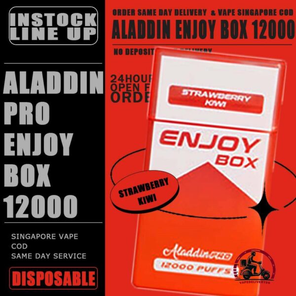 ALADDIN PRO ENJOY BOX 12000 DISPOSABLE - VAPE DELIVERY SG SINGAPORE The Aladdin Pro enjoy 12K puffs Ready stock in our sg singapore store online shop for same day delivery. Discover the latest Aladdin Pro Enjoy Box 12000 Puffs Disposable ! Design in a sleek cigarette-box-style design with a cap for mouthpiece protection! Enjoy 15 delightful flavors with 12K smooth puffs, each bursting with sweet perfection! The Aladdin Pro 12k New Vape in our Vape Singapore Ready Stock , get it now with us and same day delivery ! Enjoy delicious vaping experience . Specification : Puffs : 12,000 Coil : 1.0 Ohm Mesh coil Battery Capacity : 650mAh Rechargeable Nicotine Strength : 5% Charging Time : Roughly 10 min - 15 min ⚠️ALADDIN ENJOY BOX 12000 FLAVOUR LINE UP⚠️ Double Mango Candy Energy Drink Guava Hazelnut Coffee Honeydew Honeydew Yakult Mango Mango Bubblegum Mango Yakult Mango Peach Mixed Bubblegum Sirap Bandung Solero Lime Solero Yakult Solero Ice Cream Sour Bubblegum Strawberry Blackcurrant Strawberry Bubblegum Strawberry Grape Strawberry Mango White Coffee Yakult Strawberry Kiwi Gummy Bear Grape Lychee Grape Bubblegum Sakura Grape SG VAPE COD SAME DAY DELIVERY , CASH ON DELIVERY ONLY. TAKE BULK ORDER /MORE ORDER PLS CONTACT ME : VAPEDELIVERYSG VIEW OUR DAILY NEWS INFORMATION VAPE : TELEGRAM CHANNEL