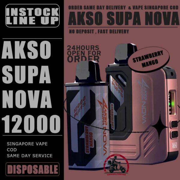 AKSO SUPA NOVA 12000 DISPOSABLE ( STARTER KIT & CARTRIDGE POD ) - VAPE DELIVERY SG SINGAPORE The AKSO SUPA NOVA 12000 puffs disposable vape is Starter Kit & Prefilled Pod design ,ready stock in our sg singapore store online shop for same day delivery. Introducing the AKSO Supa Nova 12k closed pod disposable vape, crafted for flexibility and ease of use. It features adjustable wattage ranging from 10W to 20W, allowing users to customize their vaping experience. Safety is paramount with a child lock and a rechargeable battery equipped with anti-overcharge and auto cut-off systems. Monitoring your vape is simple with liquid and battery indicators, ensuring you're always informed. Adjust the airflow to your liking and enjoy up to 12,000 puffs per cartridge. Plus, it's compatible with cartridges from the Akso Supa Pro series, offering compatibility and versatility for vapers. SAFETY : Designed with user safety and convenience in mind. It features a child lock mechanism where activation and deactivation require pressing any button for 3 seconds, preventing accidental operation. The rechargeable battery includes anti-overcharge protection and an auto cut-off system, ensuring prolonged battery lifespan and safe charging practices. CARTRIDGE SYSTEM POD : Offering an impressive 12k puff capacity per cartridge. It is compatible with cartridges from the Akso Supa Pro series, providing versatility and convenience. With over 40 flavors to choose from, users can explore a wide range of options to suit their preferences and tastes. Specifications : Puff: 12000 Puffs Nicotine Strength: 5% Adjustable wattage : 10W to 20W Liquid and battery indicator Charging Port: 650 mAh Rechargeable Type-C ⚠️AKSO SUPA NOVA 12000 STARTER KIT & CARTRIDGE FLAVOUR LINE UP⚠️ Strawberry Banana Custard Honeydew Chocolate Mint Butter Mint Candy Strawberry Mango Strawberry Yam Cheese Blackcurrant Oat Crunch Mango Sirap Bandung Vanilla Tobacco Passion Soursop Mango Mango Passion Grape Apple Custard Cranberry Grape Milk Caramel Watermelon Gummy Icy Watermelon Gum Icy Lemon Cola Icy Grape Apple Icy Watermelon Strawberry Icy Honey Melon Icy Energy Drink SG VAPE COD SAME DAY DELIVERY , CASH ON DELIVERY ONLY. TAKE BULK ORDER /MORE ORDER PLS CONTACT ME : VAPEDELIVERYSG VIEW OUR DAILY NEWS INFORMATION VAPE : TELEGRAM CHANNEL