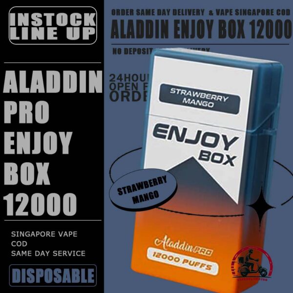 ALADDIN PRO ENJOY BOX 12000 DISPOSABLE - VAPE DELIVERY SG SINGAPORE The Aladdin Pro enjoy 12K puffs Ready stock in our sg singapore store online shop for same day delivery. Discover the latest Aladdin Pro Enjoy Box 12000 Puffs Disposable ! Design in a sleek cigarette-box-style design with a cap for mouthpiece protection! Enjoy 15 delightful flavors with 12K smooth puffs, each bursting with sweet perfection! The Aladdin Pro 12k New Vape in our Vape Singapore Ready Stock , get it now with us and same day delivery ! Enjoy delicious vaping experience . Specification : Puffs : 12,000 Coil : 1.0 Ohm Mesh coil Battery Capacity : 650mAh Rechargeable Nicotine Strength : 5% Charging Time : Roughly 10 min - 15 min ⚠️ALADDIN ENJOY BOX 12000 FLAVOUR LINE UP⚠️ Double Mango Candy Energy Drink Guava Hazelnut Coffee Honeydew Honeydew Yakult Mango Mango Bubblegum Mango Yakult Mango Peach Mixed Bubblegum Sirap Bandung Solero Lime Solero Yakult Solero Ice Cream Sour Bubblegum Strawberry Blackcurrant Strawberry Bubblegum Strawberry Grape Strawberry Mango White Coffee Yakult Strawberry Kiwi Gummy Bear Grape Lychee Grape Bubblegum Sakura Grape SG VAPE COD SAME DAY DELIVERY , CASH ON DELIVERY ONLY. TAKE BULK ORDER /MORE ORDER PLS CONTACT ME : VAPEDELIVERYSG VIEW OUR DAILY NEWS INFORMATION VAPE : TELEGRAM CHANNEL