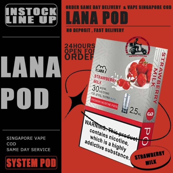 LANA POD - VAPE DELIVERY SG SINGAPORE Lana replacement pre-filled pod from Lanavape used for lana device, or some pod device which mouthpiece size as same as Lana pods.It's made of PCTG and ceramic coil and comes with leakproof design.  Besides, It filled with 2.5ml capacity nicotine salt with various fruity flavors, which meet your dairy needs. The transparent pod comes with random LED light color when you inhaling, bring you extra cooling vaping experience. One pod can smoke about 500 to 600 times. After smoking, you can directly discard and replace the next one. Specifications: Nicotine 3% Capacity 2.5ml per pod Package Included: 1 Pack of 3 pods ⚠️LANA POD COMPATIBLE DEVICE WITH⚠️ DARK RIDER 3S DEVICE DD CUBE DEVICE INSTAR DEVICE RELX CLASSIC DEVICE SP2 BLTIZ DEVICE SP2 LEGENG SERIES DEVICE SP2 M SERIES DEVICE WUUZ DEVICE ZEUZ DEVICE LANA DEVICE ⚠️ LANA POD FLAVOUR LINE UP⚠️ Apple Berry Blast Berry Grape Fruit Blueberry Coffee Coke Cranberry Grape Green Bean Guava Ice Tea Kiwi Lemon Lychee Iced Mango Mango Milkshake Mineral Oolong Tea Orange Passion Fruit Peach Peach Grape Banana Peppermint Pineapple Popsicle Red Wine Root Beer Skittles Strawberry Milkshake Strawberry Watermelon Taro Tie Guan Yin Watermelon Mango Passion Cantaloupe Jasmine Long Jing SG VAPE COD SAME DAY DELIVERY , CASH ON DELIVERY ONLY. TAKE BULK ORDER /MORE ORDER PLS CONTACT ME : VAPEDELIVERYSG VIEW OUR DAILY NEWS INFORMATION VAPE : TELEGRAM CHANNEL