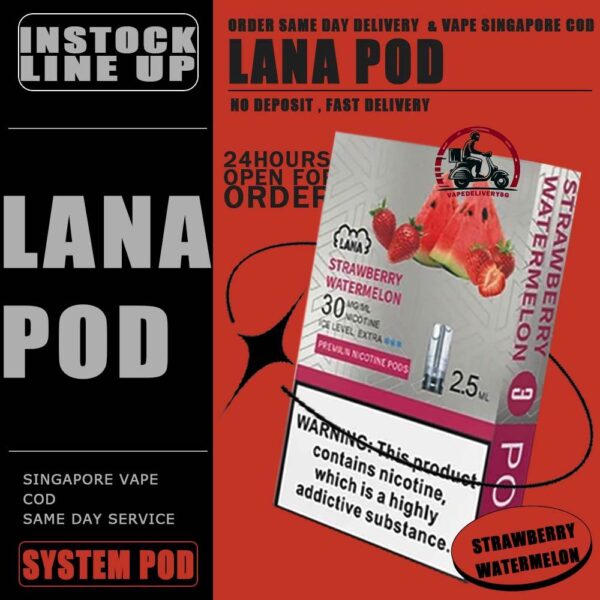 LANA POD - VAPE DELIVERY SG SINGAPORE Lana replacement pre-filled pod from Lanavape used for lana device, or some pod device which mouthpiece size as same as Lana pods.It's made of PCTG and ceramic coil and comes with leakproof design.  Besides, It filled with 2.5ml capacity nicotine salt with various fruity flavors, which meet your dairy needs. The transparent pod comes with random LED light color when you inhaling, bring you extra cooling vaping experience. One pod can smoke about 500 to 600 times. After smoking, you can directly discard and replace the next one. Specifications: Nicotine 3% Capacity 2.5ml per pod Package Included: 1 Pack of 3 pods ⚠️LANA POD COMPATIBLE DEVICE WITH⚠️ DARK RIDER 3S DEVICE DD CUBE DEVICE INSTAR DEVICE RELX CLASSIC DEVICE SP2 BLTIZ DEVICE SP2 LEGENG SERIES DEVICE SP2 M SERIES DEVICE WUUZ DEVICE ZEUZ DEVICE LANA DEVICE ⚠️ LANA POD FLAVOUR LINE UP⚠️ Apple Berry Blast Berry Grape Fruit Blueberry Coffee Coke Cranberry Grape Green Bean Guava Ice Tea Kiwi Lemon Lychee Iced Mango Mango Milkshake Mineral Oolong Tea Orange Passion Fruit Peach Peach Grape Banana Peppermint Pineapple Popsicle Red Wine Root Beer Skittles Strawberry Milkshake Strawberry Watermelon Taro Tie Guan Yin Watermelon Mango Passion Cantaloupe Jasmine Long Jing SG VAPE COD SAME DAY DELIVERY , CASH ON DELIVERY ONLY. TAKE BULK ORDER /MORE ORDER PLS CONTACT ME : VAPEDELIVERYSG VIEW OUR DAILY NEWS INFORMATION VAPE : TELEGRAM CHANNEL