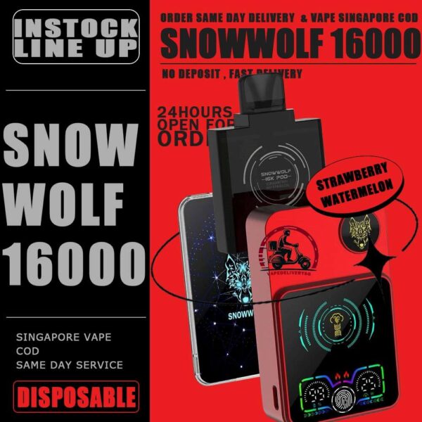 SNOWWOLF 16000 DISPOSABLE STARTER KIT & CARTRIDGE POD - VAPE DELIVERY SG SINGAPORE The SNOWWOLF 16000 ( 16K Puffs ) STARTER KIT & CARTRIDGE POD Disposable vape Ready stock in our sg singapore store online shop for same day delivery. Introducing the innovative Snowwolf Smart HD with an impressive 16,000 puffs capacity. It feature a vibrant HD screen displaying your vaping duration, voltage level, battery life, and liquid percentage. Customize your experience with adjustable voltage settings from 5W to a powerful 15W, all powered by a reliable 650mAh battery with fast charging, 80% charge in just 20 minutes. Discover a unique feature - automatic vaping time monitoring for easy tracking of your sessions. Elevate your vaping experience with the Snowwolf . Locking/Unlocking the Device: To lock or unlock the device, press the button for 3 seconds. Switching Voltage: To switch the voltage, press the button 1 times. Each press will change the voltage in 1W increments. The available voltage options from 5W to 15W. STARTER KIT Package Include : X1 SNOWWOLF Device Battery X1 Prefilled Pod 16k Puffs CARTRIDGE Package Include : X1 Prefilled Pod 16k Puffs Specifition : Nicotine Strength: 50mg ( 5% ) Battery Capacity : 800mAh Wattage : 15-25 watts adjustable Charging : 20 mins super charge Coils : Dual Mesh Coil E-liquid capacity : 12ml ⚠️SNOWWOLF 16000 FLAVOUR LINE UP⚠️ Blow Pop (Strawberry BBG) Blue Power Watermelon (Berry Watermelon BBG) Meta Moon (Strawberry Watermelon Honeydew) Watermelon Mint Bubblegum Kiwi Passion Fruit Aloe Cream Cake Taro Ice Cream Double Mango Lychee Grape Strawberry Watermelon Strawberry Grape Candy Skittles SG VAPE COD SAME DAY DELIVERY , CASH ON DELIVERY ONLY. TAKE BULK ORDER /MORE ORDER PLS CONTACT ME : VAPEDELIVERYSG VIEW OUR DAILY NEWS INFORMATION VAPE : TELEGRAM CHANNEL