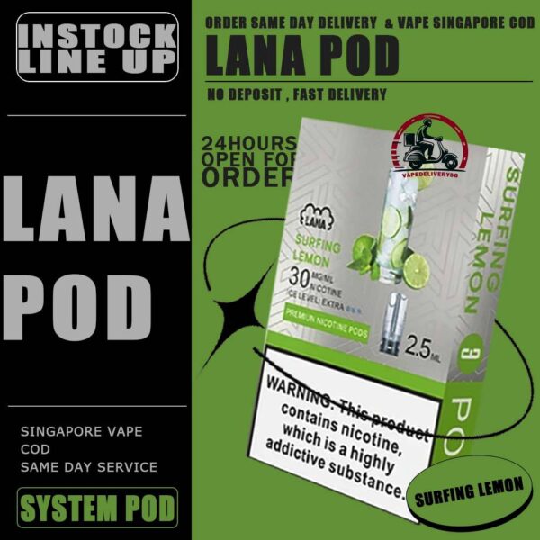 LANA POD - VAPE DELIVERY SG SINGAPORE Lana replacement pre-filled pod from Lanavape used for lana device, or some pod device which mouthpiece size as same as Lana pods.It's made of PCTG and ceramic coil and comes with leakproof design.  Besides, It filled with 2.5ml capacity nicotine salt with various fruity flavors, which meet your dairy needs. The transparent pod comes with random LED light color when you inhaling, bring you extra cooling vaping experience. One pod can smoke about 500 to 600 times. After smoking, you can directly discard and replace the next one. Specifications: Nicotine 3% Capacity 2.5ml per pod Package Included: 1 Pack of 3 pods ⚠️LANA POD COMPATIBLE DEVICE WITH⚠️ DARK RIDER 3S DEVICE DD CUBE DEVICE INSTAR DEVICE RELX CLASSIC DEVICE SP2 BLTIZ DEVICE SP2 LEGENG SERIES DEVICE SP2 M SERIES DEVICE WUUZ DEVICE ZEUZ DEVICE LANA DEVICE ⚠️ LANA POD FLAVOUR LINE UP⚠️ Apple Berry Blast Berry Grape Fruit Blueberry Coffee Coke Cranberry Grape Green Bean Guava Ice Tea Kiwi Lemon Lychee Iced Mango Mango Milkshake Mineral Oolong Tea Orange Passion Fruit Peach Peach Grape Banana Peppermint Pineapple Popsicle Red Wine Root Beer Skittles Strawberry Milkshake Strawberry Watermelon Taro Tie Guan Yin Watermelon Mango Passion Cantaloupe Jasmine Long Jing SG VAPE COD SAME DAY DELIVERY , CASH ON DELIVERY ONLY. TAKE BULK ORDER /MORE ORDER PLS CONTACT ME : VAPEDELIVERYSG VIEW OUR DAILY NEWS INFORMATION VAPE : TELEGRAM CHANNEL