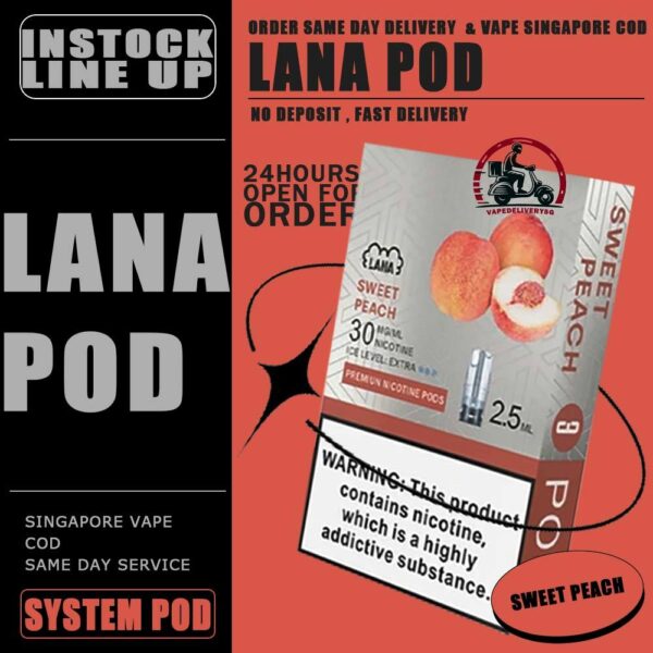 LANA POD - VAPE DELIVERY SG SINGAPORE Lana replacement pre-filled pod from Lanavape used for lana device, or some pod device which mouthpiece size as same as Lana pods.It's made of PCTG and ceramic coil and comes with leakproof design.  Besides, It filled with 2.5ml capacity nicotine salt with various fruity flavors, which meet your dairy needs. The transparent pod comes with random LED light color when you inhaling, bring you extra cooling vaping experience. One pod can smoke about 500 to 600 times. After smoking, you can directly discard and replace the next one. Specifications: Nicotine 3% Capacity 2.5ml per pod Package Included: 1 Pack of 3 pods ⚠️LANA POD COMPATIBLE DEVICE WITH⚠️ DARK RIDER 3S DEVICE DD CUBE DEVICE INSTAR DEVICE RELX CLASSIC DEVICE SP2 BLTIZ DEVICE SP2 LEGENG SERIES DEVICE SP2 M SERIES DEVICE WUUZ DEVICE ZEUZ DEVICE LANA DEVICE ⚠️ LANA POD FLAVOUR LINE UP⚠️ Apple Berry Blast Berry Grape Fruit Blueberry Coffee Coke Cranberry Grape Green Bean Guava Ice Tea Kiwi Lemon Lychee Iced Mango Mango Milkshake Mineral Oolong Tea Orange Passion Fruit Peach Peach Grape Banana Peppermint Pineapple Popsicle Red Wine Root Beer Skittles Strawberry Milkshake Strawberry Watermelon Taro Tie Guan Yin Watermelon Mango Passion Cantaloupe Jasmine Long Jing SG VAPE COD SAME DAY DELIVERY , CASH ON DELIVERY ONLY. TAKE BULK ORDER /MORE ORDER PLS CONTACT ME : VAPEDELIVERYSG VIEW OUR DAILY NEWS INFORMATION VAPE : TELEGRAM CHANNEL