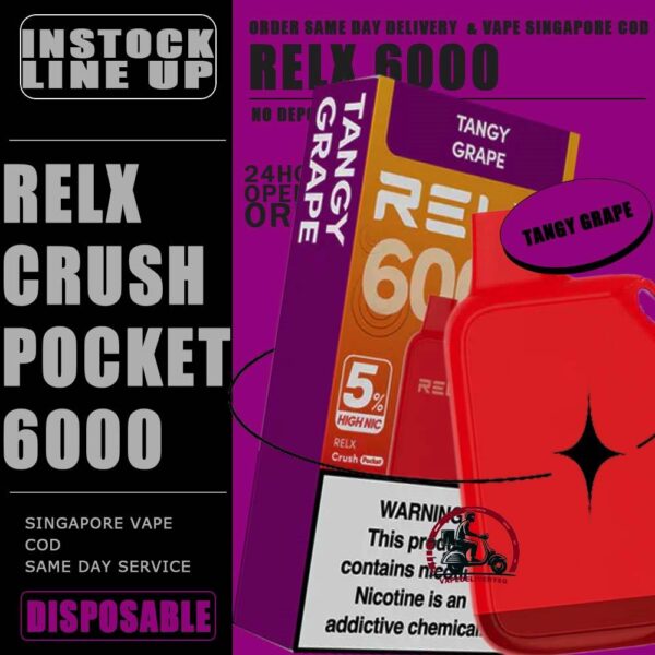 RELX CRUSH POCKET 6000 DISPOSABLE - VAPE DELIVERY SG SINGAPORE The RELX Crush Pocket 6000 Puffs Disposable vape Ready stock at Singapore sg shop on sale for same day delivery. This kit offers a refreshing summer experience with its subtle sweetness, strong cooling effect, and moderate richness RELX Pocket features a puff count of up to 6k puffs, an atomizer with a mech coil 2.0, powered by 10W. Equipped with a 470mAh battery, it reaches 80% charge in just 45 minutes. Specifition :  Puffs: 6000 Puff Nicotine Strength : 3% Charging Time : Roughly 30-45min Battery Capacity : Type-C Rechargeable ⚠️RELX CRUSH POCKET 6000 FLAVOUR LINE UP⚠️ Chrysanthemum Tea (3%) Icy Mineral Water (3%) LongJIng Tea (3%) Mint Freeze (3%) Peach Oolong Tea (3%) Root Beer (3%) Sea Salt Lemon (3%) Sour Plum Cola (3%) TieGuanYin Tea (3%) Watermelon Chill (3%) Creamy Tobacco (5%) Fresh Mint (5%) Mocha (5%) Tangy Grape (5%) Triple Mango (5%) SG VAPE COD SAME DAY DELIVERY , CASH ON DELIVERY ONLY. TAKE BULK ORDER /MORE ORDER PLS CONTACT ME : VAPEDELIVERYSG VIEW OUR DAILY NEWS INFORMATION VAPE : TELEGRAM CHANNEL