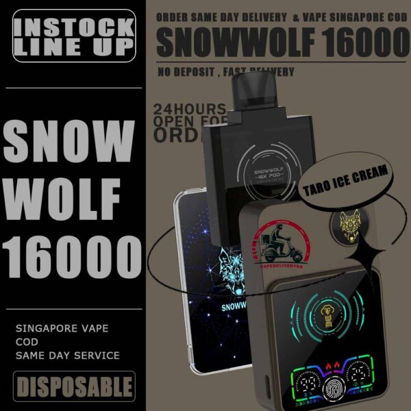 SNOWWOLF 16000 DISPOSABLE STARTER KIT & CARTRIDGE POD - VAPE DELIVERY SG SINGAPORE The SNOWWOLF 16000 ( 16K Puffs ) STARTER KIT & CARTRIDGE POD Disposable vape Ready stock in our sg singapore store online shop for same day delivery. Introducing the innovative Snowwolf Smart HD with an impressive 16,000 puffs capacity. It feature a vibrant HD screen displaying your vaping duration, voltage level, battery life, and liquid percentage. Customize your experience with adjustable voltage settings from 5W to a powerful 15W, all powered by a reliable 650mAh battery with fast charging, 80% charge in just 20 minutes. Discover a unique feature - automatic vaping time monitoring for easy tracking of your sessions. Elevate your vaping experience with the Snowwolf . Locking/Unlocking the Device: To lock or unlock the device, press the button for 3 seconds. Switching Voltage: To switch the voltage, press the button 1 times. Each press will change the voltage in 1W increments. The available voltage options from 5W to 15W. STARTER KIT Package Include : X1 SNOWWOLF Device Battery X1 Prefilled Pod 16k Puffs CARTRIDGE Package Include : X1 Prefilled Pod 16k Puffs Specifition : Nicotine Strength: 50mg ( 5% ) Battery Capacity : 800mAh Wattage : 15-25 watts adjustable Charging : 20 mins super charge Coils : Dual Mesh Coil E-liquid capacity : 12ml ⚠️SNOWWOLF 16000 FLAVOUR LINE UP⚠️ Blow Pop (Strawberry BBG) Blue Power Watermelon (Berry Watermelon BBG) Meta Moon (Strawberry Watermelon Honeydew) Watermelon Mint Bubblegum Kiwi Passion Fruit Aloe Cream Cake Taro Ice Cream Double Mango Lychee Grape Strawberry Watermelon Strawberry Grape Candy Skittles SG VAPE COD SAME DAY DELIVERY , CASH ON DELIVERY ONLY. TAKE BULK ORDER /MORE ORDER PLS CONTACT ME : VAPEDELIVERYSG VIEW OUR DAILY NEWS INFORMATION VAPE : TELEGRAM CHANNEL