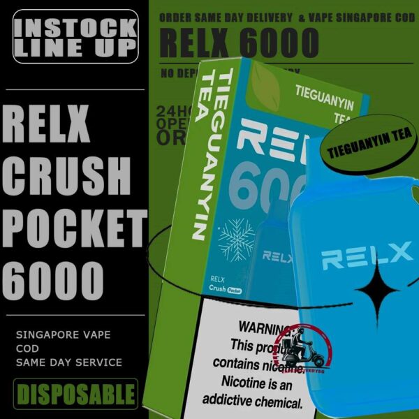 RELX CRUSH POCKET 6000 DISPOSABLE - VAPE DELIVERY SG SINGAPORE The RELX Crush Pocket 6000 Puffs Disposable vape Ready stock at Singapore sg shop on sale for same day delivery. This kit offers a refreshing summer experience with its subtle sweetness, strong cooling effect, and moderate richness RELX Pocket features a puff count of up to 6k puffs, an atomizer with a mech coil 2.0, powered by 10W. Equipped with a 470mAh battery, it reaches 80% charge in just 45 minutes. Specifition :  Puffs: 6000 Puff Nicotine Strength : 3% Charging Time : Roughly 30-45min Battery Capacity : Type-C Rechargeable ⚠️RELX CRUSH POCKET 6000 FLAVOUR LINE UP⚠️ Chrysanthemum Tea (3%) Icy Mineral Water (3%) LongJIng Tea (3%) Mint Freeze (3%) Peach Oolong Tea (3%) Root Beer (3%) Sea Salt Lemon (3%) Sour Plum Cola (3%) TieGuanYin Tea (3%) Watermelon Chill (3%) Creamy Tobacco (5%) Fresh Mint (5%) Mocha (5%) Tangy Grape (5%) Triple Mango (5%) SG VAPE COD SAME DAY DELIVERY , CASH ON DELIVERY ONLY. TAKE BULK ORDER /MORE ORDER PLS CONTACT ME : VAPEDELIVERYSG VIEW OUR DAILY NEWS INFORMATION VAPE : TELEGRAM CHANNEL