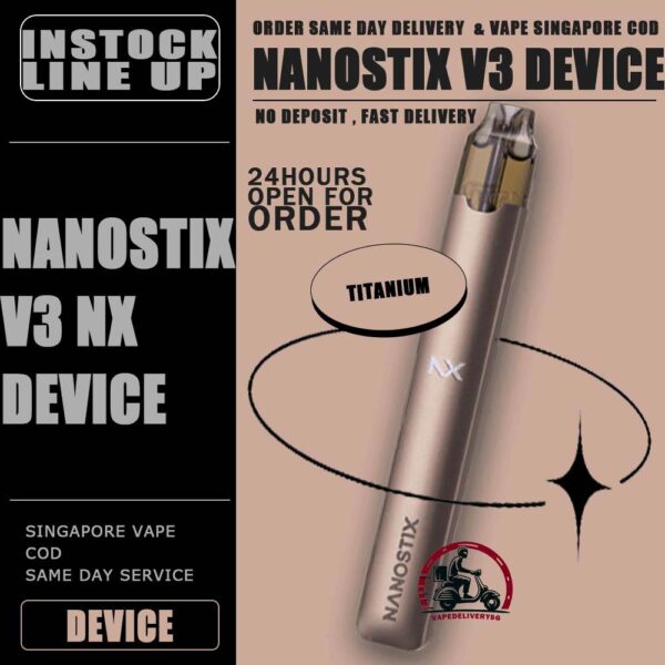 NANOSTIX NX V3 DEVICE - VAPE DELIVERY SG SINGAPORE NANOSTIX NX V3 DEVICE A revolutionary closed pod system device featuring load and go NanoPOD (V1), minus the harmful tar and chemicals of cigarettes’ that offers a healthier, more economical alternative to smoking. The device is lightweight and made of stainless steel casing. Designed without the mess of refill tanks. Simply insert the NanoPOD juice cartridge into the device and you’re ready to vape right away. NanoSTIX device is powered with LED power indicator, micro USB with 0.35V – 2.25V. ⚠️NANOSTIX NX V3 DEVICE AVAILABLE COLOR LINE UP⚠️ Army Tuxedo Denim Titanium Brass Petra *NANOSTIX V3 DEVICE ONLY COMPATIBLE WITH NANOSTIX V2 POD* SG VAPE COD SAME DAY DELIVERY , CASH ON DELIVERY ONLY. TAKE BULK ORDER /MORE ORDER PLS CONTACT ME : VAPEDELIVERYSG VIEW OUR DAILY NEWS INFORMATION VAPE : TELEGRAM CHANNEL