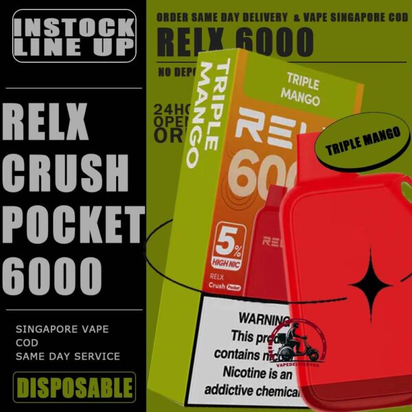 RELX CRUSH POCKET 6000 DISPOSABLE - VAPE DELIVERY SG SINGAPORE The RELX Crush Pocket 6000 Puffs Disposable vape Ready stock at Singapore sg shop on sale for same day delivery. This kit offers a refreshing summer experience with its subtle sweetness, strong cooling effect, and moderate richness RELX Pocket features a puff count of up to 6k puffs, an atomizer with a mech coil 2.0, powered by 10W. Equipped with a 470mAh battery, it reaches 80% charge in just 45 minutes. Specifition :  Puffs: 6000 Puff Nicotine Strength : 3% Charging Time : Roughly 30-45min Battery Capacity : Type-C Rechargeable ⚠️RELX CRUSH POCKET 6000 FLAVOUR LINE UP⚠️ Chrysanthemum Tea (3%) Icy Mineral Water (3%) LongJIng Tea (3%) Mint Freeze (3%) Peach Oolong Tea (3%) Root Beer (3%) Sea Salt Lemon (3%) Sour Plum Cola (3%) TieGuanYin Tea (3%) Watermelon Chill (3%) Creamy Tobacco (5%) Fresh Mint (5%) Mocha (5%) Tangy Grape (5%) Triple Mango (5%) SG VAPE COD SAME DAY DELIVERY , CASH ON DELIVERY ONLY. TAKE BULK ORDER /MORE ORDER PLS CONTACT ME : VAPEDELIVERYSG VIEW OUR DAILY NEWS INFORMATION VAPE : TELEGRAM CHANNEL