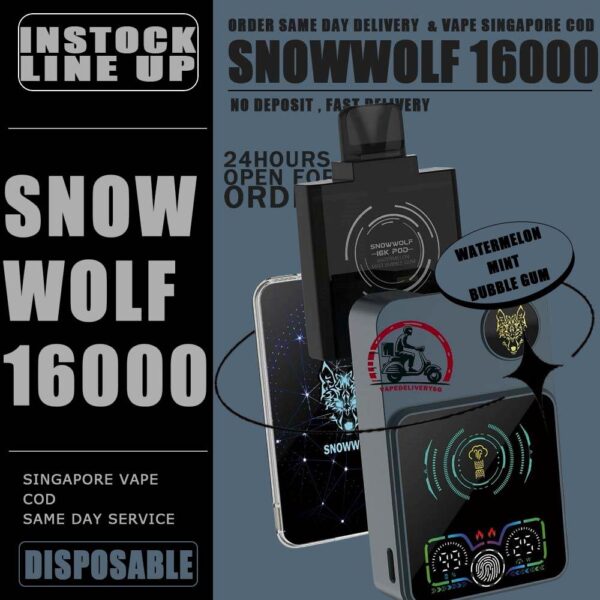 SNOWWOLF 16000 DISPOSABLE STARTER KIT & CARTRIDGE POD - VAPE DELIVERY SG SINGAPORE The SNOWWOLF 16000 ( 16K Puffs ) STARTER KIT & CARTRIDGE POD Disposable vape Ready stock in our sg singapore store online shop for same day delivery. Introducing the innovative Snowwolf Smart HD with an impressive 16,000 puffs capacity. It feature a vibrant HD screen displaying your vaping duration, voltage level, battery life, and liquid percentage. Customize your experience with adjustable voltage settings from 5W to a powerful 15W, all powered by a reliable 650mAh battery with fast charging, 80% charge in just 20 minutes. Discover a unique feature - automatic vaping time monitoring for easy tracking of your sessions. Elevate your vaping experience with the Snowwolf . Locking/Unlocking the Device: To lock or unlock the device, press the button for 3 seconds. Switching Voltage: To switch the voltage, press the button 1 times. Each press will change the voltage in 1W increments. The available voltage options from 5W to 15W. STARTER KIT Package Include : X1 SNOWWOLF Device Battery X1 Prefilled Pod 16k Puffs CARTRIDGE Package Include : X1 Prefilled Pod 16k Puffs Specifition : Nicotine Strength: 50mg ( 5% ) Battery Capacity : 800mAh Wattage : 15-25 watts adjustable Charging : 20 mins super charge Coils : Dual Mesh Coil E-liquid capacity : 12ml ⚠️SNOWWOLF 16000 FLAVOUR LINE UP⚠️ Blow Pop (Strawberry BBG) Blue Power Watermelon (Berry Watermelon BBG) Meta Moon (Strawberry Watermelon Honeydew) Watermelon Mint Bubblegum Kiwi Passion Fruit Aloe Cream Cake Taro Ice Cream Double Mango Lychee Grape Strawberry Watermelon Strawberry Grape Candy Skittles SG VAPE COD SAME DAY DELIVERY , CASH ON DELIVERY ONLY. TAKE BULK ORDER /MORE ORDER PLS CONTACT ME : VAPEDELIVERYSG VIEW OUR DAILY NEWS INFORMATION VAPE : TELEGRAM CHANNEL