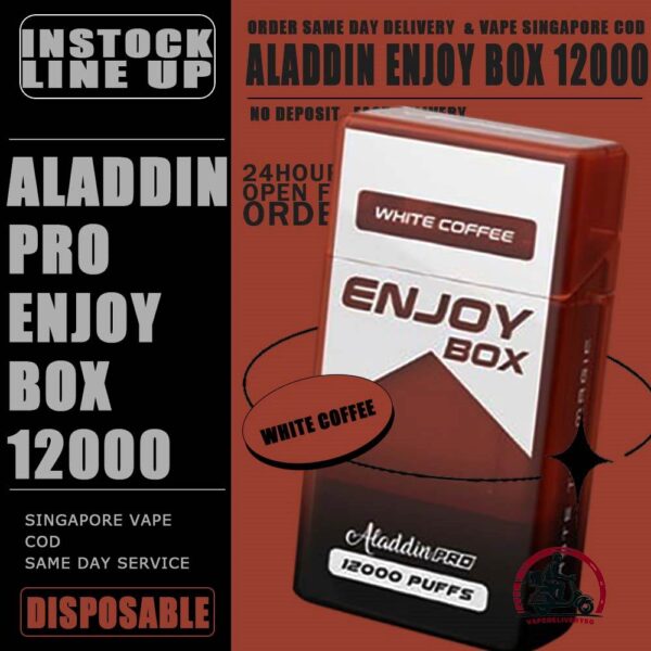 ALADDIN PRO ENJOY BOX 12000 DISPOSABLE - VAPE DELIVERY SG SINGAPORE The Aladdin Pro enjoy 12K puffs Ready stock in our sg singapore store online shop for same day delivery. Discover the latest Aladdin Pro Enjoy Box 12000 Puffs Disposable ! Design in a sleek cigarette-box-style design with a cap for mouthpiece protection! Enjoy 15 delightful flavors with 12K smooth puffs, each bursting with sweet perfection! The Aladdin Pro 12k New Vape in our Vape Singapore Ready Stock , get it now with us and same day delivery ! Enjoy delicious vaping experience . Specification : Puffs : 12,000 Coil : 1.0 Ohm Mesh coil Battery Capacity : 650mAh Rechargeable Nicotine Strength : 5% Charging Time : Roughly 10 min - 15 min ⚠️ALADDIN ENJOY BOX 12000 FLAVOUR LINE UP⚠️ Double Mango Candy Energy Drink Guava Hazelnut Coffee Honeydew Honeydew Yakult Mango Mango Bubblegum Mango Yakult Mango Peach Mixed Bubblegum Sirap Bandung Solero Lime Solero Yakult Solero Ice Cream Sour Bubblegum Strawberry Blackcurrant Strawberry Bubblegum Strawberry Grape Strawberry Mango White Coffee Yakult Strawberry Kiwi Gummy Bear Grape Lychee Grape Bubblegum Sakura Grape SG VAPE COD SAME DAY DELIVERY , CASH ON DELIVERY ONLY. TAKE BULK ORDER /MORE ORDER PLS CONTACT ME : VAPEDELIVERYSG VIEW OUR DAILY NEWS INFORMATION VAPE : TELEGRAM CHANNEL