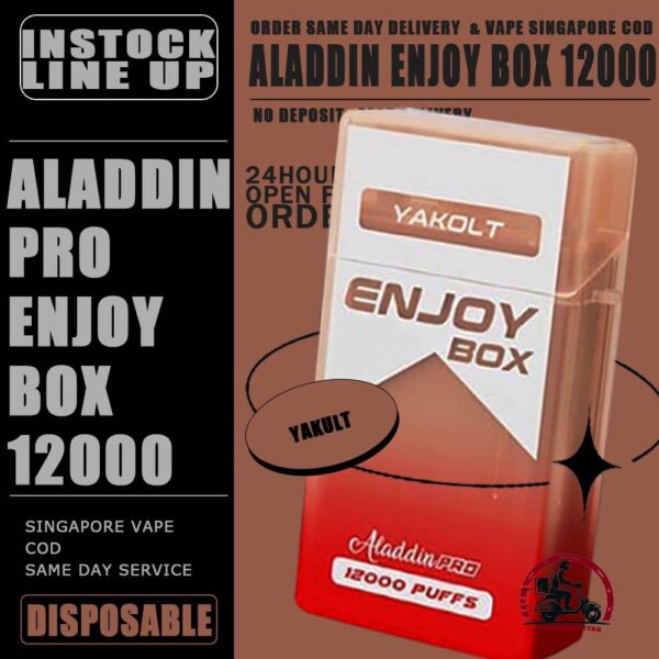 ALADDIN PRO ENJOY BOX 12000 DISPOSABLE - VAPE DELIVERY SG SINGAPORE The Aladdin Pro enjoy 12K puffs Ready stock in our sg singapore store online shop for same day delivery. Discover the latest Aladdin Pro Enjoy Box 12000 Puffs Disposable ! Design in a sleek cigarette-box-style design with a cap for mouthpiece protection! Enjoy 15 delightful flavors with 12K smooth puffs, each bursting with sweet perfection! The Aladdin Pro 12k New Vape in our Vape Singapore Ready Stock , get it now with us and same day delivery ! Enjoy delicious vaping experience . Specification : Puffs : 12,000 Coil : 1.0 Ohm Mesh coil Battery Capacity : 650mAh Rechargeable Nicotine Strength : 5% Charging Time : Roughly 10 min - 15 min ⚠️ALADDIN ENJOY BOX 12000 FLAVOUR LINE UP⚠️ Double Mango Candy Energy Drink Guava Hazelnut Coffee Honeydew Honeydew Yakult Mango Mango Bubblegum Mango Yakult Mango Peach Mixed Bubblegum Sirap Bandung Solero Lime Solero Yakult Solero Ice Cream Sour Bubblegum Strawberry Blackcurrant Strawberry Bubblegum Strawberry Grape Strawberry Mango White Coffee Yakult Strawberry Kiwi Gummy Bear Grape Lychee Grape Bubblegum Sakura Grape SG VAPE COD SAME DAY DELIVERY , CASH ON DELIVERY ONLY. TAKE BULK ORDER /MORE ORDER PLS CONTACT ME : VAPEDELIVERYSG VIEW OUR DAILY NEWS INFORMATION VAPE : TELEGRAM CHANNEL