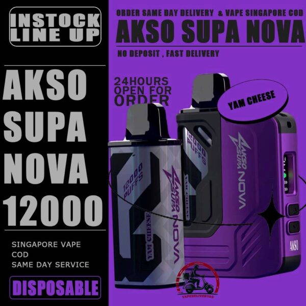 AKSO SUPA NOVA 12000 DISPOSABLE ( STARTER KIT & CARTRIDGE POD ) - VAPE DELIVERY SG SINGAPORE The AKSO SUPA NOVA 12000 puffs disposable vape is Starter Kit & Prefilled Pod design ,ready stock in our sg singapore store online shop for same day delivery. Introducing the AKSO Supa Nova 12k closed pod disposable vape, crafted for flexibility and ease of use. It features adjustable wattage ranging from 10W to 20W, allowing users to customize their vaping experience. Safety is paramount with a child lock and a rechargeable battery equipped with anti-overcharge and auto cut-off systems. Monitoring your vape is simple with liquid and battery indicators, ensuring you're always informed. Adjust the airflow to your liking and enjoy up to 12,000 puffs per cartridge. Plus, it's compatible with cartridges from the Akso Supa Pro series, offering compatibility and versatility for vapers. SAFETY : Designed with user safety and convenience in mind. It features a child lock mechanism where activation and deactivation require pressing any button for 3 seconds, preventing accidental operation. The rechargeable battery includes anti-overcharge protection and an auto cut-off system, ensuring prolonged battery lifespan and safe charging practices. CARTRIDGE SYSTEM POD : Offering an impressive 12k puff capacity per cartridge. It is compatible with cartridges from the Akso Supa Pro series, providing versatility and convenience. With over 40 flavors to choose from, users can explore a wide range of options to suit their preferences and tastes. Specifications : Puff: 12000 Puffs Nicotine Strength: 5% Adjustable wattage : 10W to 20W Liquid and battery indicator Charging Port: 650 mAh Rechargeable Type-C ⚠️AKSO SUPA NOVA 12000 STARTER KIT & CARTRIDGE FLAVOUR LINE UP⚠️ Strawberry Banana Custard Honeydew Chocolate Mint Butter Mint Candy Strawberry Mango Strawberry Yam Cheese Blackcurrant Oat Crunch Mango Sirap Bandung Vanilla Tobacco Passion Soursop Mango Mango Passion Grape Apple Custard Cranberry Grape Milk Caramel Watermelon Gummy Icy Watermelon Gum Icy Lemon Cola Icy Grape Apple Icy Watermelon Strawberry Icy Honey Melon Icy Energy Drink SG VAPE COD SAME DAY DELIVERY , CASH ON DELIVERY ONLY. TAKE BULK ORDER /MORE ORDER PLS CONTACT ME : VAPEDELIVERYSG VIEW OUR DAILY NEWS INFORMATION VAPE : TELEGRAM CHANNEL