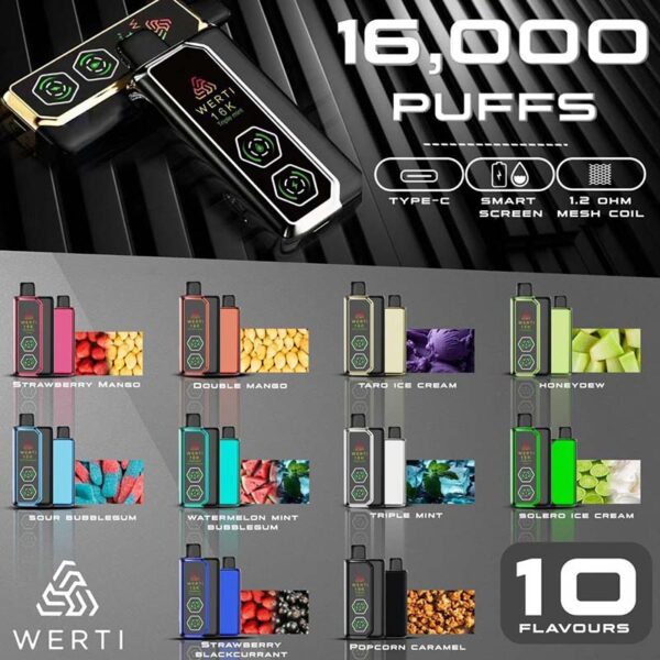 WERTI 16000 SMART SCREEN DISPOSABLE - VAPE DELIVERY SG SINGAPORE SHOP Discover Unmatched Vaping Satisfaction with Werti 16000 Puffs Smart Screen Disposable ,offers ap impressive range of features that cater to both beginners and seasoned vapers alike. The Werti 16k Puffs it's a revolution in disposable vaping. Whether you're new to vaping or an experienced enthusiast, Werti provides a reliable, high-quality experience with features that cater to modern needs. The combination of a massive puff capacity, smart technology, and premium flavors makes it the ideal choice for anyone looking to enhance their vaping journey. Explore the ultimate vaping experience with Disposable - Werti 16000 Puffs. Featuring a massive 16000 puff capacity, Type-C charging, and a smart screen, this device delivers premium flavors like Double Mango, Popcorn Caramel, and Triple Mint. Elevate your vape today! Elevate your vape game with Werti 16000 Puffs-where flavor meets innovation! Specifications: Approx. 16000 Puffs 1.2ohm Mesh Coil Rechargeable Battery 700mAh Airflow Adjustment Smart Screen Charging Port: Type-C ⚠️WERTI 16000 FLAVOUR LINE UP⚠️ Double Mango Honeydew Popcorn Caramel Solero Ice Cream Sour Bubblegum Strawberry Blackcurrant Strawberry Mango Taro Ice Cream Triple Mint Watermelon Mint Bubblegum SG VAPE COD SAME DAY DELIVERY , CASH ON DELIVERY ONLY. TAKE BULK ORDER /MORE ORDER PLS CONTACT ME : VAPEDELIVERYSG VIEW OUR DAILY NEWS INFORMATION VAPE : TELEGRAM CHANNEL