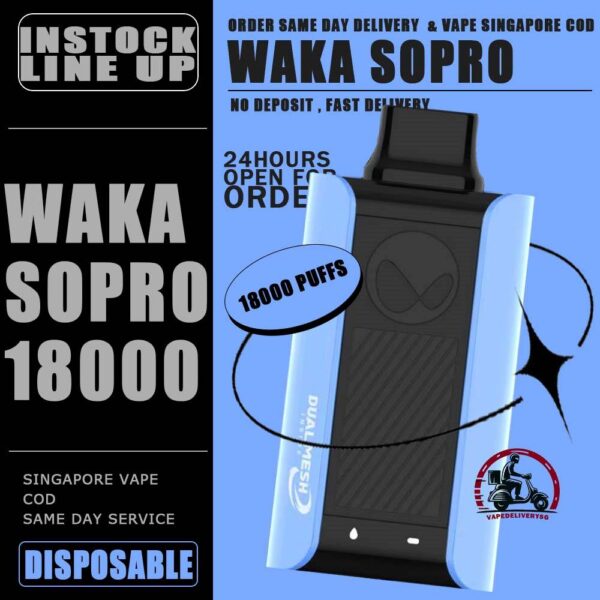 WAKA SOPRO 18000 DISPOSABLE - VAPE DELIVERY SG SINGAPORE SHOP The WAKA soPro 18000 offers an impressive up to 18,000 puffs with its dual mesh atomizer design. This vape features an 850mAh pure cobalt battery for long-lasting use and quick charging. With a variety of flavors available, this vape caters to different preferences. UPGRADE your experience with WAKA soPro PA18000, now with more puffs and BEST VALUE FOR MONEY, taste the DOUBLE RICH & SWEET with Local Brewed Flavours! Our WAKA soPro 18k puffs ,product is designed as a long-lasting solution, providing up to 18,000 puffs over a period of 10+ days. Specifications: Nicotine Strength : 3% Approx. 18000 Puffs Rechargeable Battery Dual Mesh Charging Port: Type-C ⚠️WAKA SOPRO 18000 FLAVOUR LINE UP⚠️ Pink Guava Pineapple Sea Salt Passion Lime Vanilla Scoop Sirap Bandung Fruity Chews Honeydew Melon Triple Mango Watermelon Lychee Strawberry Scoop Mango Peach Sakura Grape Cappuccino SG VAPE COD SAME DAY DELIVERY , CASH ON DELIVERY ONLY. TAKE BULK ORDER /MORE ORDER PLS CONTACT ME : VAPEDELIVERYSG VIEW OUR DAILY NEWS INFORMATION VAPE : TELEGRAM CHANNEL