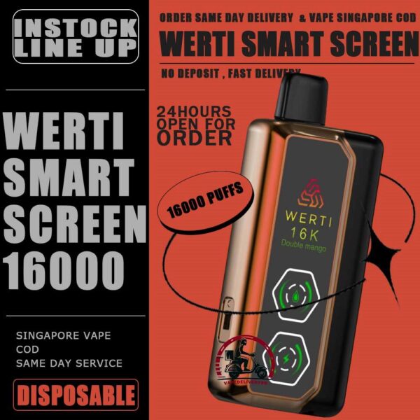 WERTI 16000 SMART SCREEN DISPOSABLE - VAPE DELIVERY SG SINGAPORE SHOP Discover Unmatched Vaping Satisfaction with Werti 16000 Puffs Smart Screen Disposable ,offers ap impressive range of features that cater to both beginners and seasoned vapers alike. The Werti 16k Puffs it's a revolution in disposable vaping. Whether you're new to vaping or an experienced enthusiast, Werti provides a reliable, high-quality experience with features that cater to modern needs. The combination of a massive puff capacity, smart technology, and premium flavors makes it the ideal choice for anyone looking to enhance their vaping journey. Explore the ultimate vaping experience with Disposable - Werti 16000 Puffs. Featuring a massive 16000 puff capacity, Type-C charging, and a smart screen, this device delivers premium flavors like Double Mango, Popcorn Caramel, and Triple Mint. Elevate your vape today! Elevate your vape game with Werti 16000 Puffs-where flavor meets innovation! Specifications: Approx. 16000 Puffs 1.2ohm Mesh Coil Rechargeable Battery 700mAh Airflow Adjustment Smart Screen Charging Port: Type-C ⚠️WERTI 16000 FLAVOUR LINE UP⚠️ Double Mango Honeydew Popcorn Caramel Solero Ice Cream Sour Bubblegum Strawberry Blackcurrant Strawberry Mango Taro Ice Cream Triple Mint Watermelon Mint Bubblegum SG VAPE COD SAME DAY DELIVERY , CASH ON DELIVERY ONLY. TAKE BULK ORDER /MORE ORDER PLS CONTACT ME : VAPEDELIVERYSG VIEW OUR DAILY NEWS INFORMATION VAPE : TELEGRAM CHANNEL