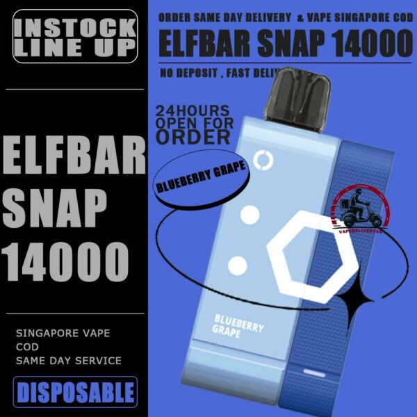 ELFBAR SNAP 14000 DISPOSABLE - VAPE DELIVERY SG SINGAPORE SHOP Introducing the ElfBar Snap Kit 14000 Puffs Starter Kit & Cartridge Prefilled Pod Disposable , a revolutionary disposable vaping device designed to deliver an unparalleled vaping experience. With an impressive array of flavors and a massive puff count, this kit is perfect for those seeking convenience, variety, and long-lasting performance. Discover the convenience and flavor of the Elf Bar Snap Kit 14000 Puffs. Whether you're a seasoned vaper or new to vaping, this kit offers a hassle-free and flavorful solution. With its impressive puff count, diverse flavor options, and user-friendly design, the ElfBar Snap Kit is the ultimate choice for anyone looking to enjoy a premium vaping experience. Specification : Puffs: Up to 14000 Nicotine: 5% Battery Capacity: 200 mAh Charging Battery Capacity: 820 mAh Charging Port: Type-C ⚠️ELFBAR SNAP 12000 FLAVOUR LINE UP⚠️ Blueberry Grape Lychee King Mango King Mango Melon Sour Bubblegum Sour Kiwi SG VAPE COD SAME DAY DELIVERY , CASH ON DELIVERY ONLY. TAKE BULK ORDER /MORE ORDER PLS CONTACT ME : VAPEDELIVERYSG VIEW OUR DAILY NEWS INFORMATION VAPE : TELEGRAM CHANNEL