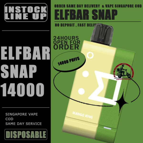 ELFBAR SNAP 14000 DISPOSABLE - VAPE DELIVERY SG SINGAPORE SHOP Introducing the ElfBar Snap Kit 14000 Puffs Starter Kit & Cartridge Prefilled Pod Disposable , a revolutionary disposable vaping device designed to deliver an unparalleled vaping experience. With an impressive array of flavors and a massive puff count, this kit is perfect for those seeking convenience, variety, and long-lasting performance. Discover the convenience and flavor of the Elf Bar Snap Kit 14000 Puffs. Whether you're a seasoned vaper or new to vaping, this kit offers a hassle-free and flavorful solution. With its impressive puff count, diverse flavor options, and user-friendly design, the ElfBar Snap Kit is the ultimate choice for anyone looking to enjoy a premium vaping experience. Specification : Puffs: Up to 14000 Nicotine: 5% Battery Capacity: 200 mAh Charging Battery Capacity: 820 mAh Charging Port: Type-C ⚠️ELFBAR SNAP 12000 FLAVOUR LINE UP⚠️ Blueberry Grape Lychee King Mango King Mango Melon Sour Bubblegum Sour Kiwi SG VAPE COD SAME DAY DELIVERY , CASH ON DELIVERY ONLY. TAKE BULK ORDER /MORE ORDER PLS CONTACT ME : VAPEDELIVERYSG VIEW OUR DAILY NEWS INFORMATION VAPE : TELEGRAM CHANNEL