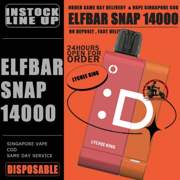 ELFBAR SNAP 14000 DISPOSABLE - VAPE DELIVERY SG SINGAPORE SHOP Introducing the ElfBar Snap Kit 14000 Puffs Starter Kit & Cartridge Prefilled Pod Disposable , a revolutionary disposable vaping device designed to deliver an unparalleled vaping experience. With an impressive array of flavors and a massive puff count, this kit is perfect for those seeking convenience, variety, and long-lasting performance. Discover the convenience and flavor of the Elf Bar Snap Kit 14000 Puffs. Whether you're a seasoned vaper or new to vaping, this kit offers a hassle-free and flavorful solution. With its impressive puff count, diverse flavor options, and user-friendly design, the ElfBar Snap Kit is the ultimate choice for anyone looking to enjoy a premium vaping experience. Specification : Puffs: Up to 14000 Nicotine: 5% Battery Capacity: 200 mAh Charging Battery Capacity: 820 mAh Charging Port: Type-C ⚠️ELFBAR SNAP 12000 FLAVOUR LINE UP⚠️ Blueberry Grape Lychee King Mango King Mango Melon Sour Bubblegum Sour Kiwi SG VAPE COD SAME DAY DELIVERY , CASH ON DELIVERY ONLY. TAKE BULK ORDER /MORE ORDER PLS CONTACT ME : VAPEDELIVERYSG VIEW OUR DAILY NEWS INFORMATION VAPE : TELEGRAM CHANNEL