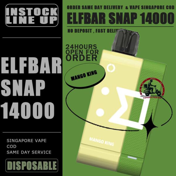 ELFBAR SNAP 14000 DISPOSABLE - VAPE DELIVERY SG SINGAPORE SHOP Introducing the ElfBar Snap Kit 14000 Puffs Starter Kit & Cartridge Prefilled Pod Disposable , a revolutionary disposable vaping device designed to deliver an unparalleled vaping experience. With an impressive array of flavors and a massive puff count, this kit is perfect for those seeking convenience, variety, and long-lasting performance. Discover the convenience and flavor of the Elf Bar Snap Kit 14000 Puffs. Whether you're a seasoned vaper or new to vaping, this kit offers a hassle-free and flavorful solution. With its impressive puff count, diverse flavor options, and user-friendly design, the ElfBar Snap Kit is the ultimate choice for anyone looking to enjoy a premium vaping experience. Specification : Puffs: Up to 14000 Nicotine: 5% Battery Capacity: 200 mAh Charging Battery Capacity: 820 mAh Charging Port: Type-C ⚠️ELFBAR SNAP 12000 FLAVOUR LINE UP⚠️ Blueberry Grape Lychee King Mango King Mango Melon Sour Bubblegum Sour Kiwi SG VAPE COD SAME DAY DELIVERY , CASH ON DELIVERY ONLY. TAKE BULK ORDER /MORE ORDER PLS CONTACT ME : VAPEDELIVERYSG VIEW OUR DAILY NEWS INFORMATION VAPE : TELEGRAM CHANNEL