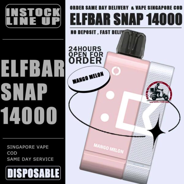 ELFBAR SNAP 14000 DISPOSABLE - VAPE DELIVERY SG SINGAPORE SHOP Introducing the ElfBar Snap Kit 14000 Puffs Starter Kit & Cartridge Prefilled Pod Disposable , a revolutionary disposable vaping device designed to deliver an unparalleled vaping experience. With an impressive array of flavors and a massive puff count, this kit is perfect for those seeking convenience, variety, and long-lasting performance. Discover the convenience and flavor of the Elf Bar Snap Kit 14000 Puffs. Whether you're a seasoned vaper or new to vaping, this kit offers a hassle-free and flavorful solution. With its impressive puff count, diverse flavor options, and user-friendly design, the ElfBar Snap Kit is the ultimate choice for anyone looking to enjoy a premium vaping experience. Specification : Puffs: Up to 14000 Nicotine: 5% Battery Capacity: 200 mAh Charging Battery Capacity: 820 mAh Charging Port: Type-C ⚠️ELFBAR SNAP 12000 FLAVOUR LINE UP⚠️ Blueberry Grape Lychee King Mango King Mango Melon Sour Bubblegum Sour Kiwi SG VAPE COD SAME DAY DELIVERY , CASH ON DELIVERY ONLY. TAKE BULK ORDER /MORE ORDER PLS CONTACT ME : VAPEDELIVERYSG VIEW OUR DAILY NEWS INFORMATION VAPE : TELEGRAM CHANNEL