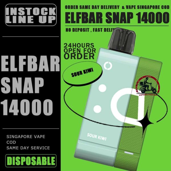 ELFBAR SNAP 14000 DISPOSABLE - VAPE DELIVERY SG SINGAPORE SHOP Introducing the ElfBar Snap Kit 14000 Puffs Starter Kit & Cartridge Prefilled Pod Disposable , a revolutionary disposable vaping device designed to deliver an unparalleled vaping experience. With an impressive array of flavors and a massive puff count, this kit is perfect for those seeking convenience, variety, and long-lasting performance. Discover the convenience and flavor of the Elf Bar Snap Kit 14000 Puffs. Whether you're a seasoned vaper or new to vaping, this kit offers a hassle-free and flavorful solution. With its impressive puff count, diverse flavor options, and user-friendly design, the ElfBar Snap Kit is the ultimate choice for anyone looking to enjoy a premium vaping experience. Specification : Puffs: Up to 14000 Nicotine: 5% Battery Capacity: 200 mAh Charging Battery Capacity: 820 mAh Charging Port: Type-C ⚠️ELFBAR SNAP 12000 FLAVOUR LINE UP⚠️ Blueberry Grape Lychee King Mango King Mango Melon Sour Bubblegum Sour Kiwi SG VAPE COD SAME DAY DELIVERY , CASH ON DELIVERY ONLY. TAKE BULK ORDER /MORE ORDER PLS CONTACT ME : VAPEDELIVERYSG VIEW OUR DAILY NEWS INFORMATION VAPE : TELEGRAM CHANNEL